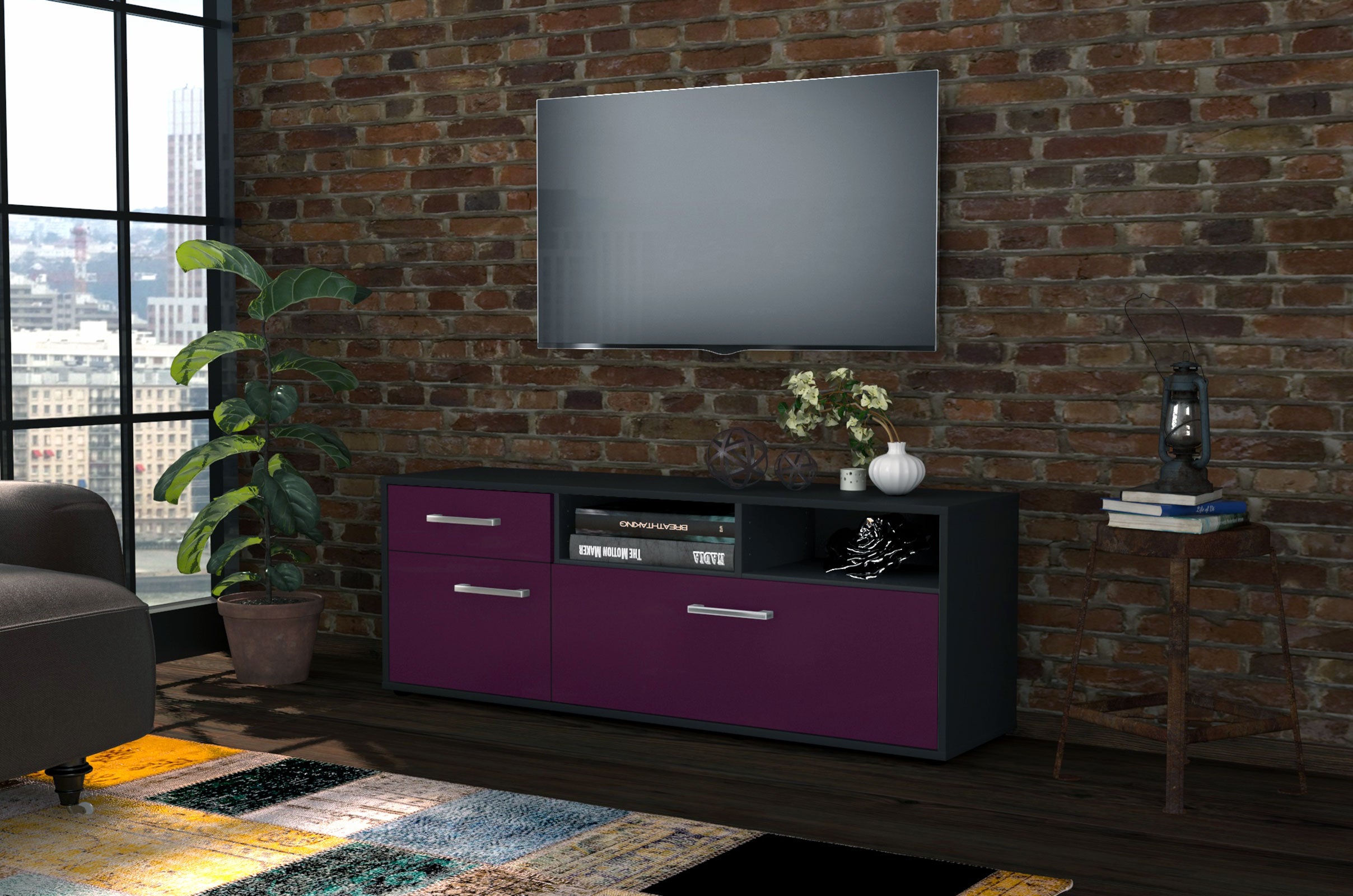 Lowboard - Amisa - Design Farbakzent - Freistehend mit Griffe 136 cm Anthrazit