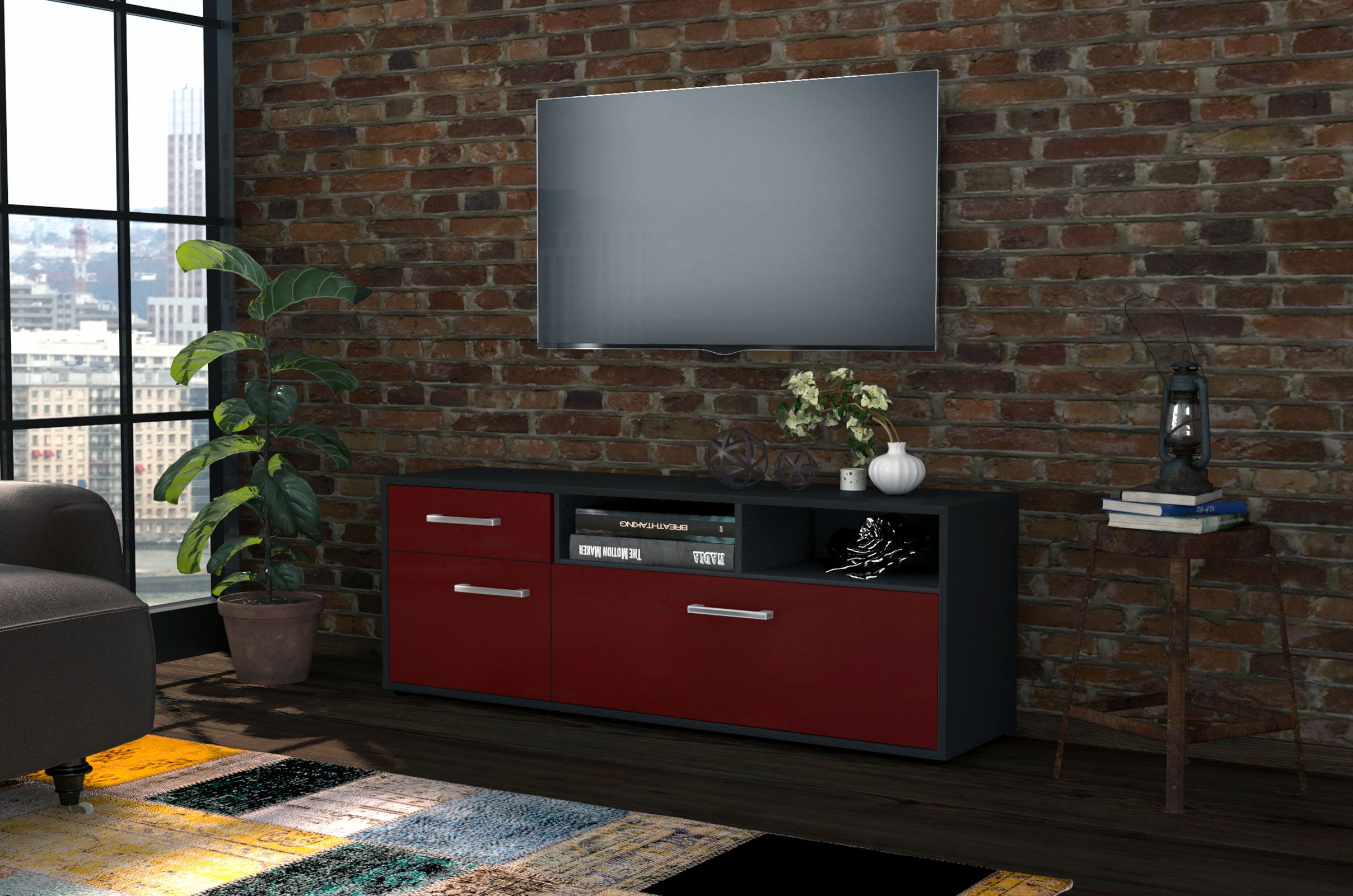 Lowboard - Amisa - Design Farbakzent - Freistehend mit Griffe 136 cm Anthrazit