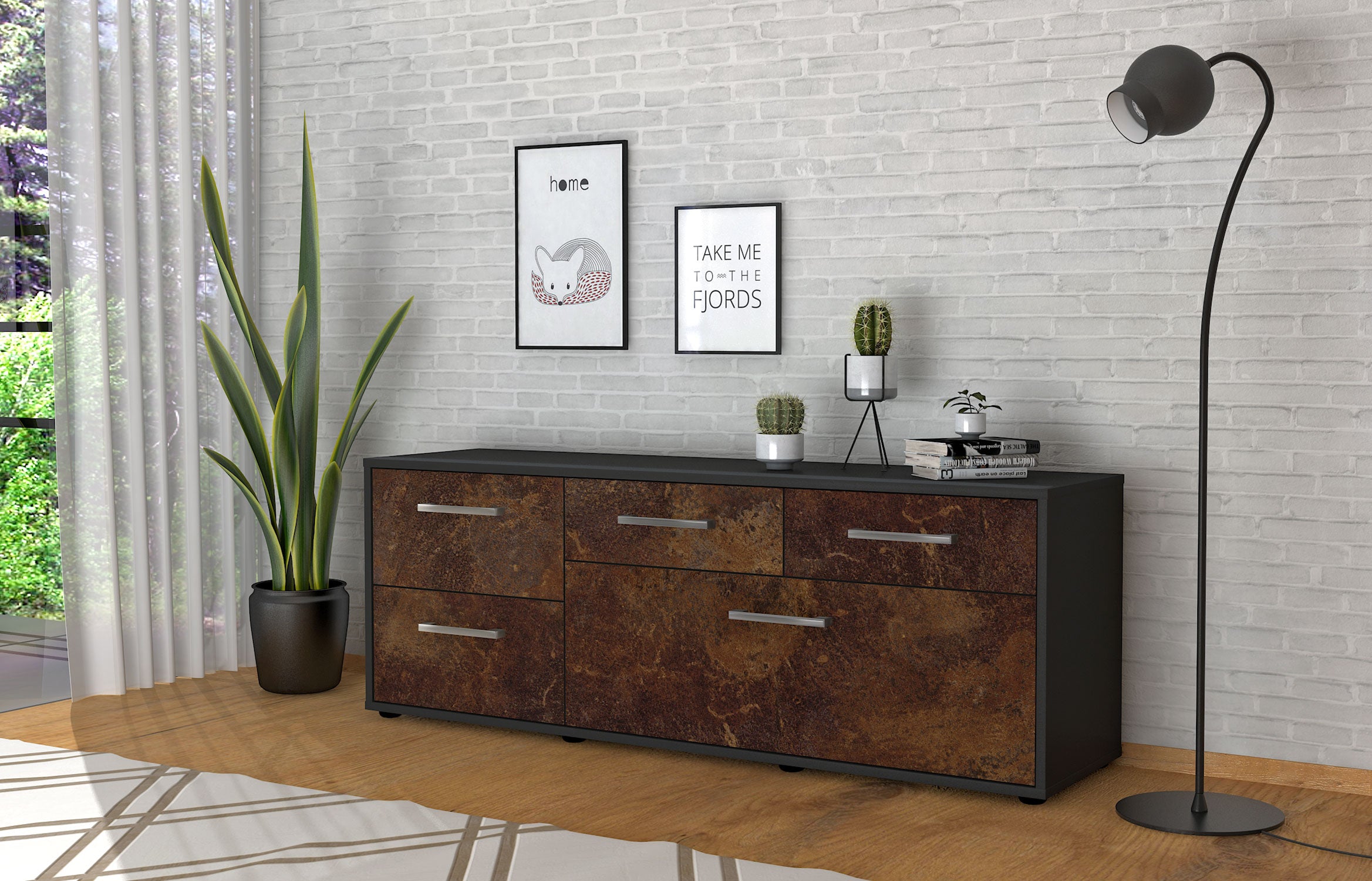 Lowboard - Anais - Design Industrie Stil - Freistehend mit Griffe 136 cm Anthrazit