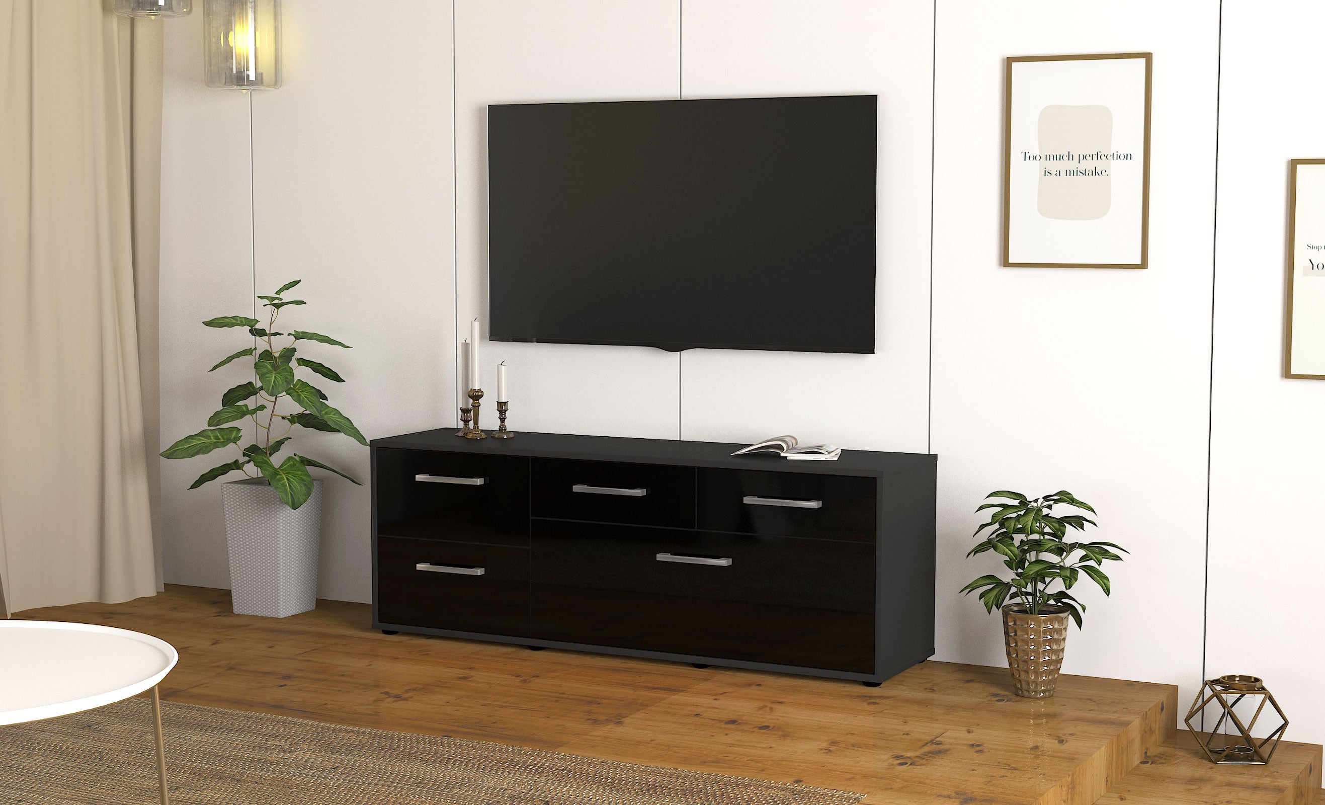 Lowboard - Anais - Design Hochglanz - Freistehend mit Griffe 136 cm Anthrazit
