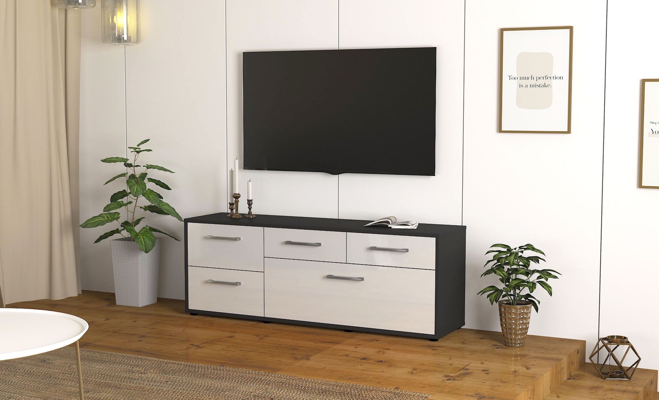 Lowboard - Anais - Design Hochglanz - Freistehend mit Griffe 136 cm Anthrazit