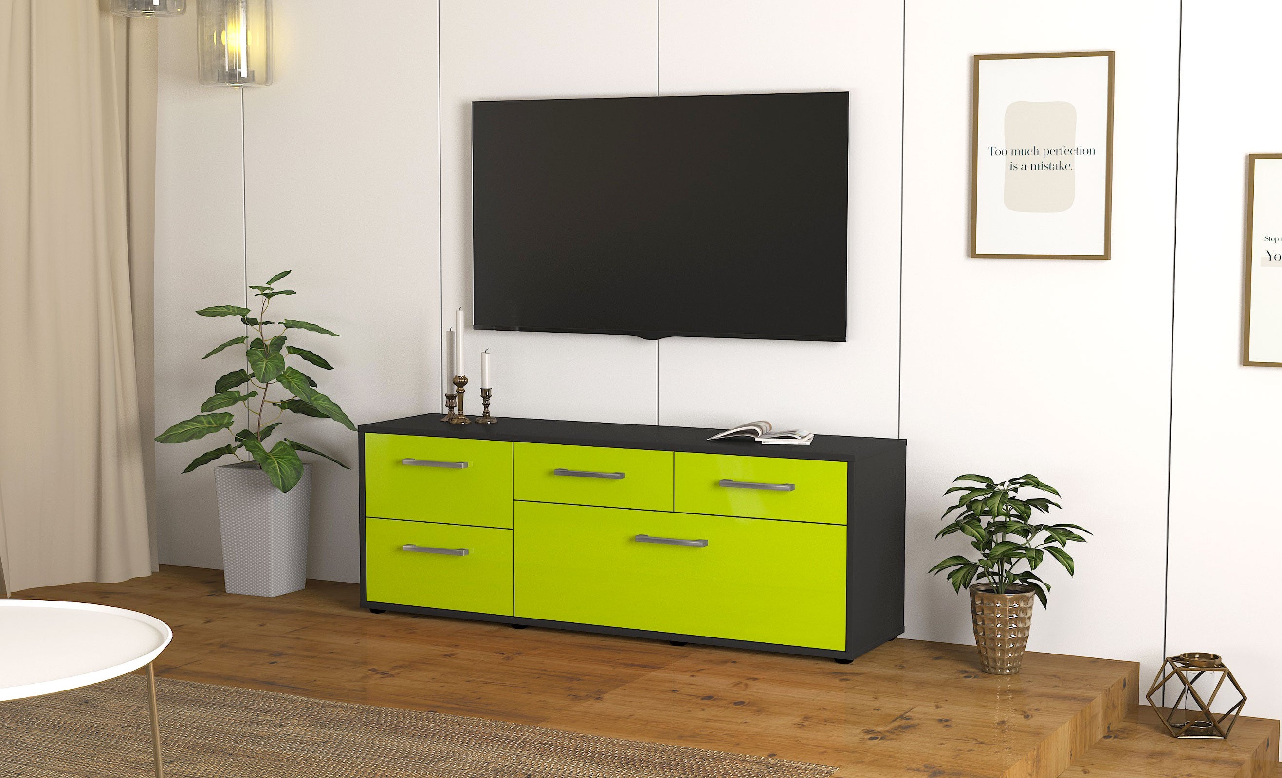 Lowboard - Anais - Design Hochglanz - Freistehend mit Griffe 136 cm Anthrazit