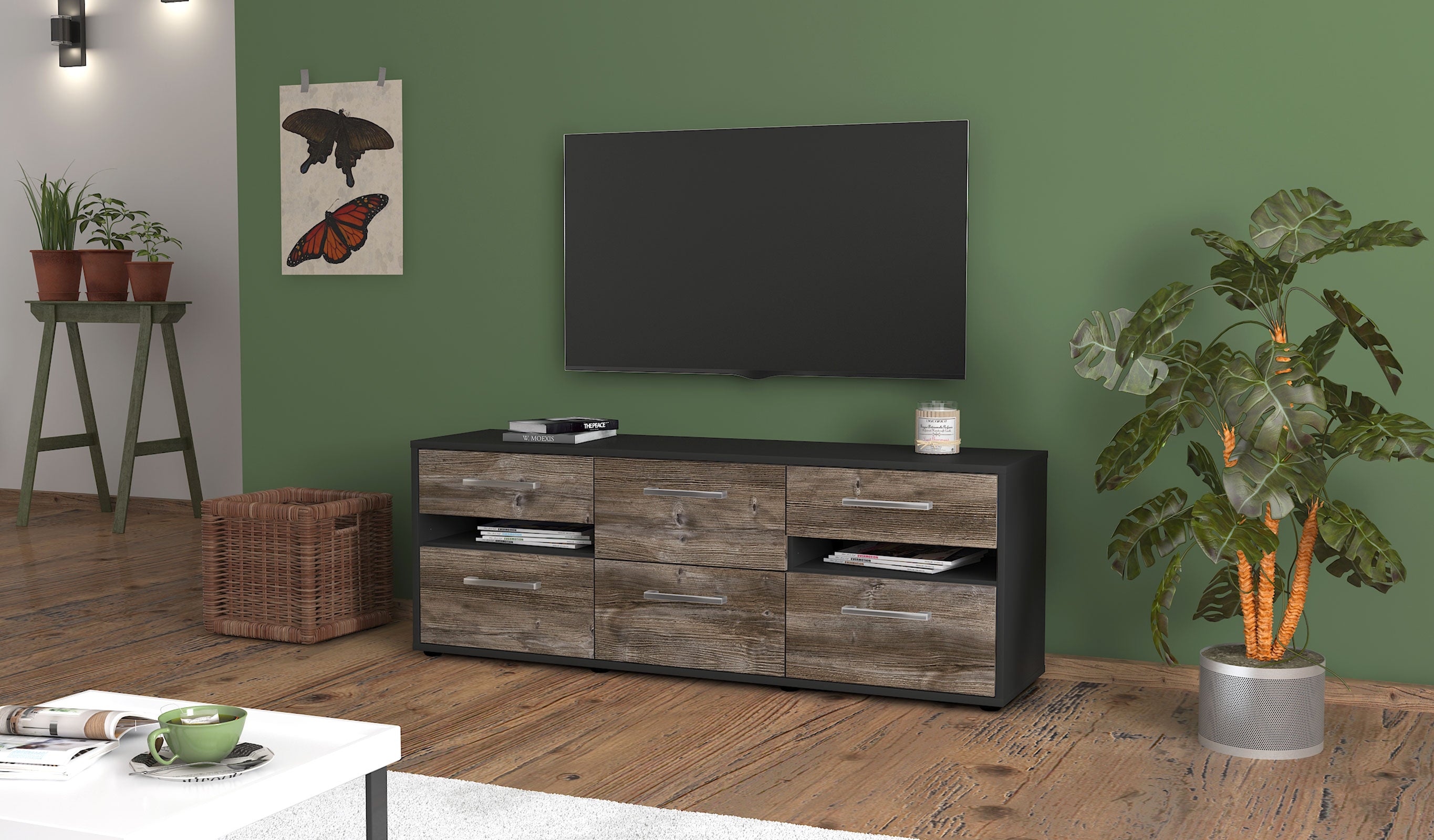 Lowboard - Andrea - Design Holzdekor - Freistehend mit Griffe 136 cm Anthrazit