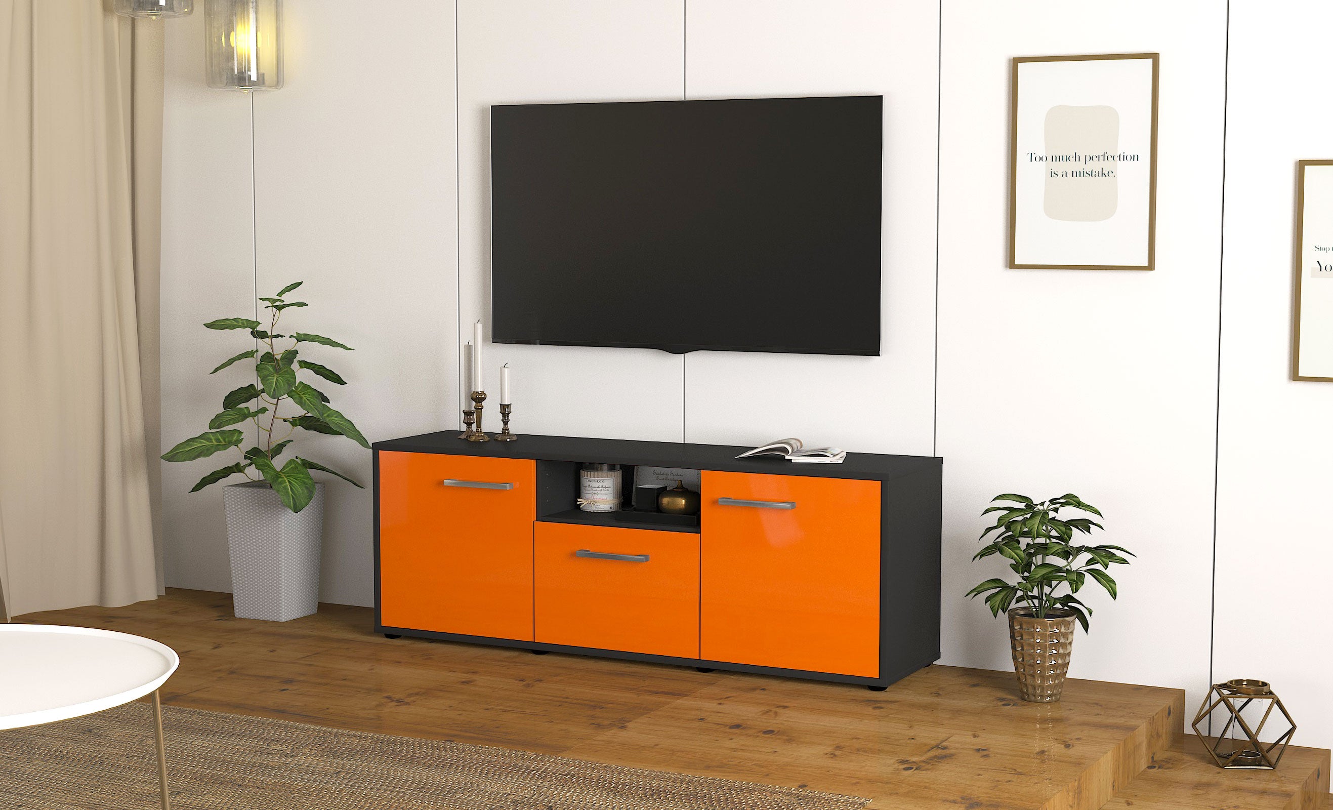 Lowboard - Andreana - Design Hochglanz - Freistehend mit Griffe 136 cm Anthrazit