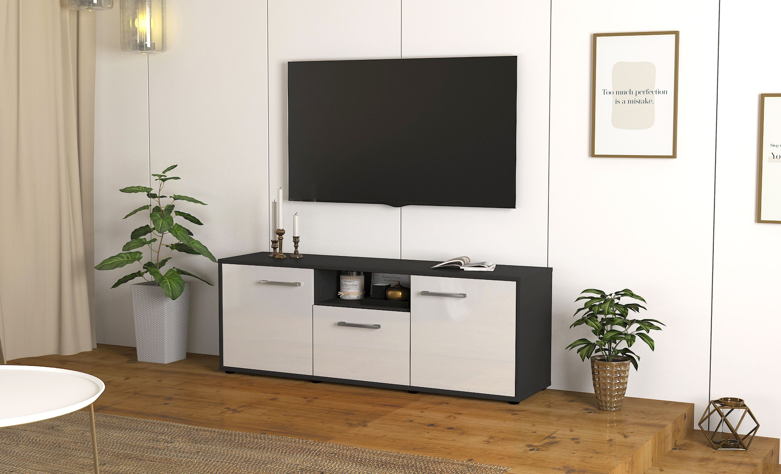 Lowboard - Andreana - Design Hochglanz - Freistehend mit Griffe 136 cm Anthrazit