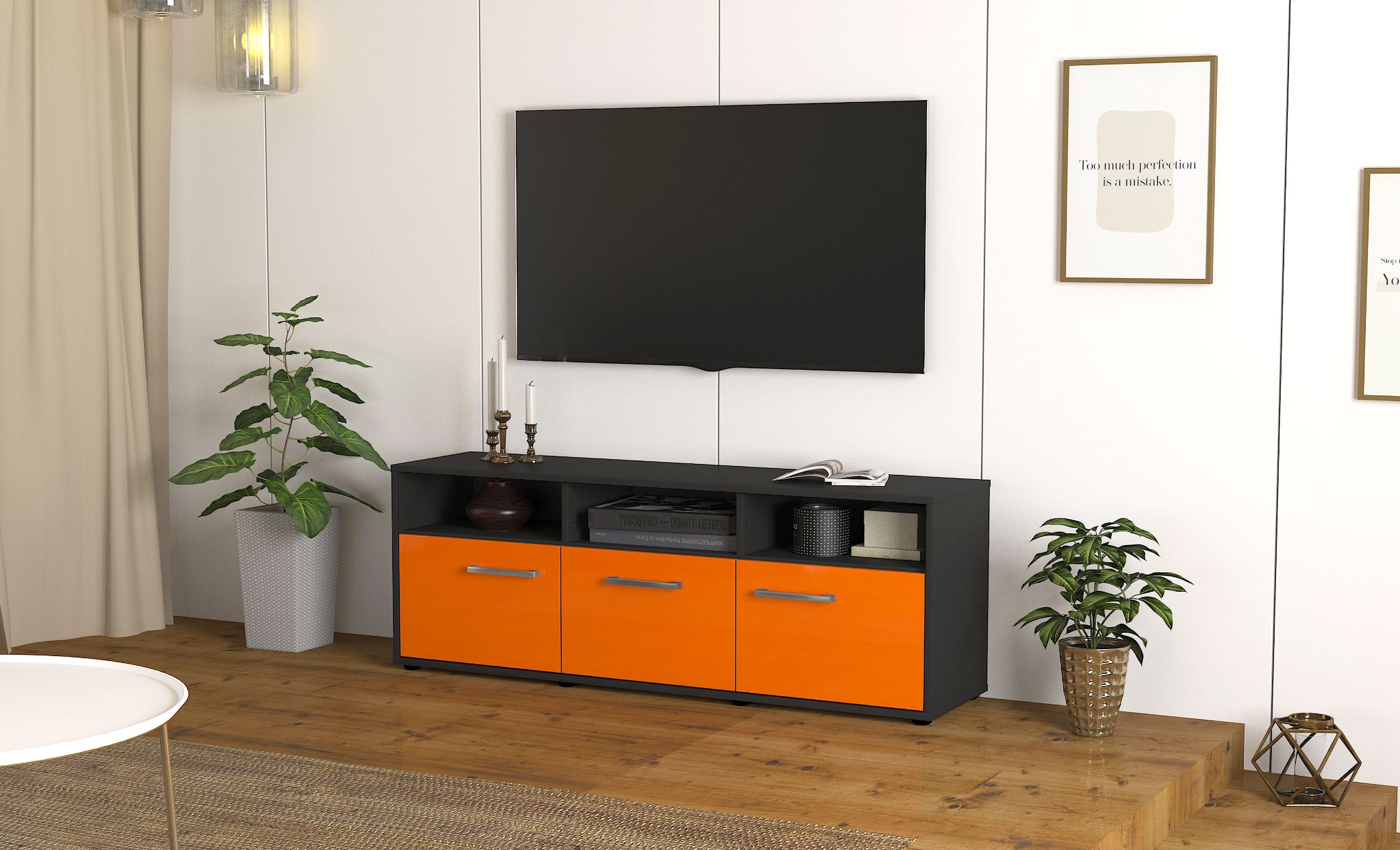 Lowboard - Andrina - Design Hochglanz - Freistehend mit Griffe 136 cm Anthrazit