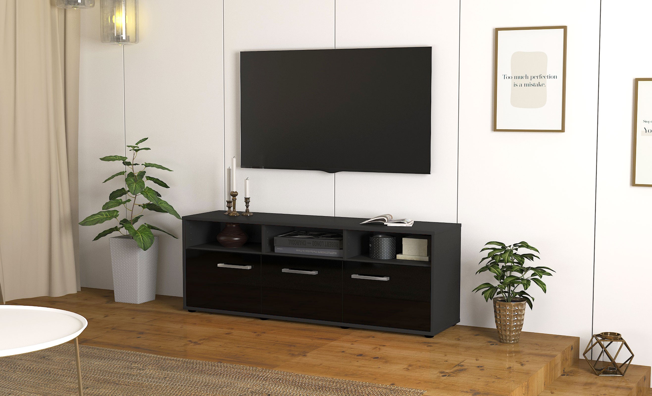 Lowboard - Andrina - Design Hochglanz - Freistehend mit Griffe 136 cm Anthrazit