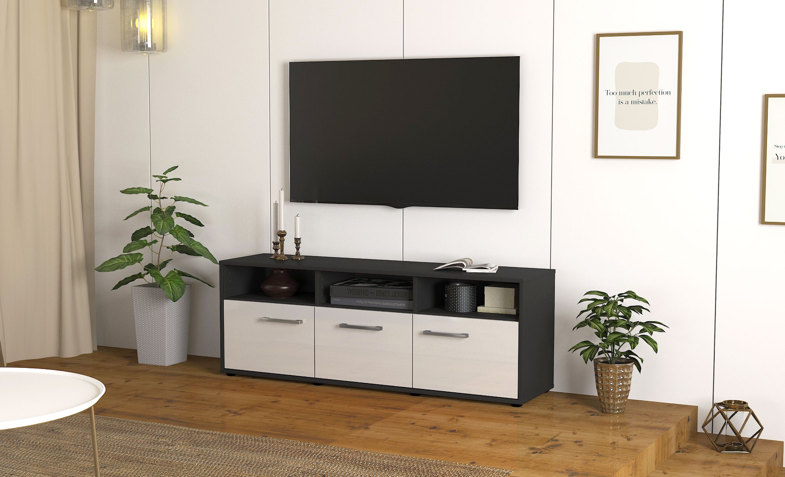 Lowboard - Andrina - Design Hochglanz - Freistehend mit Griffe 136 cm Anthrazit