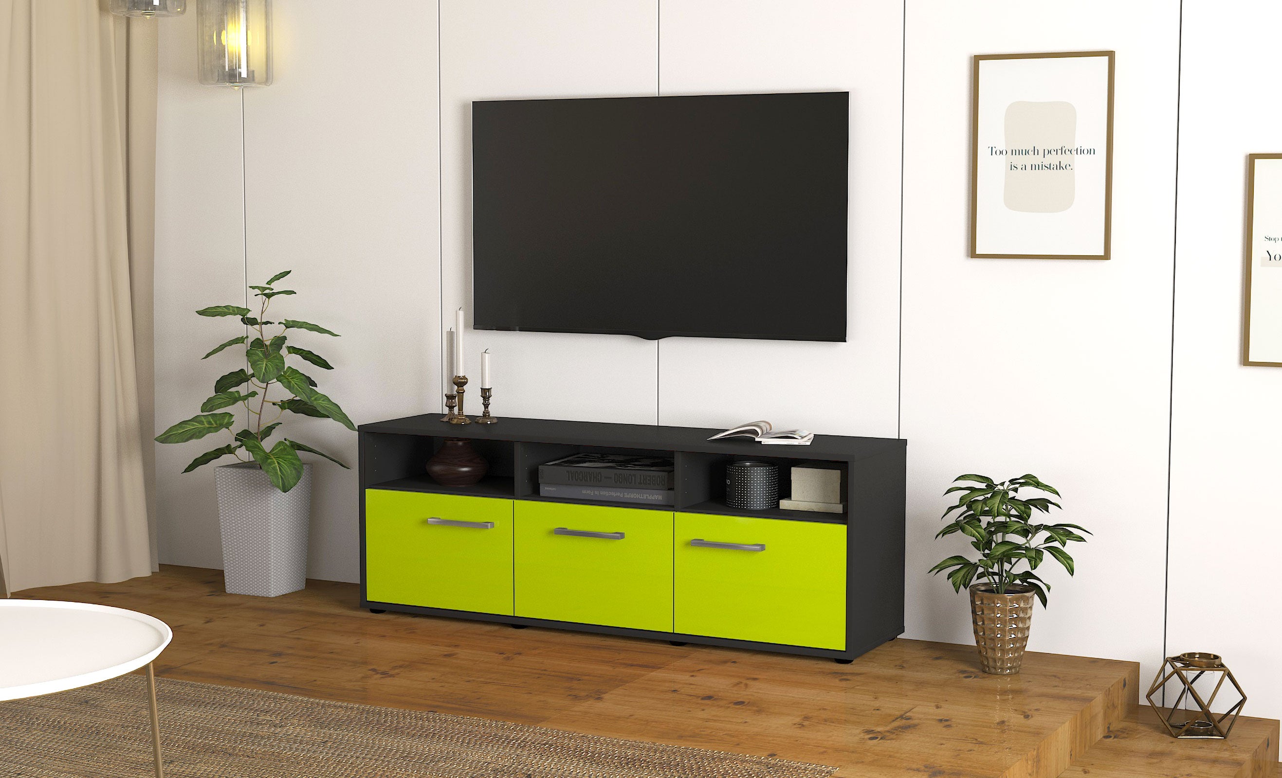 Lowboard - Andrina - Design Hochglanz - Freistehend mit Griffe 136 cm Anthrazit