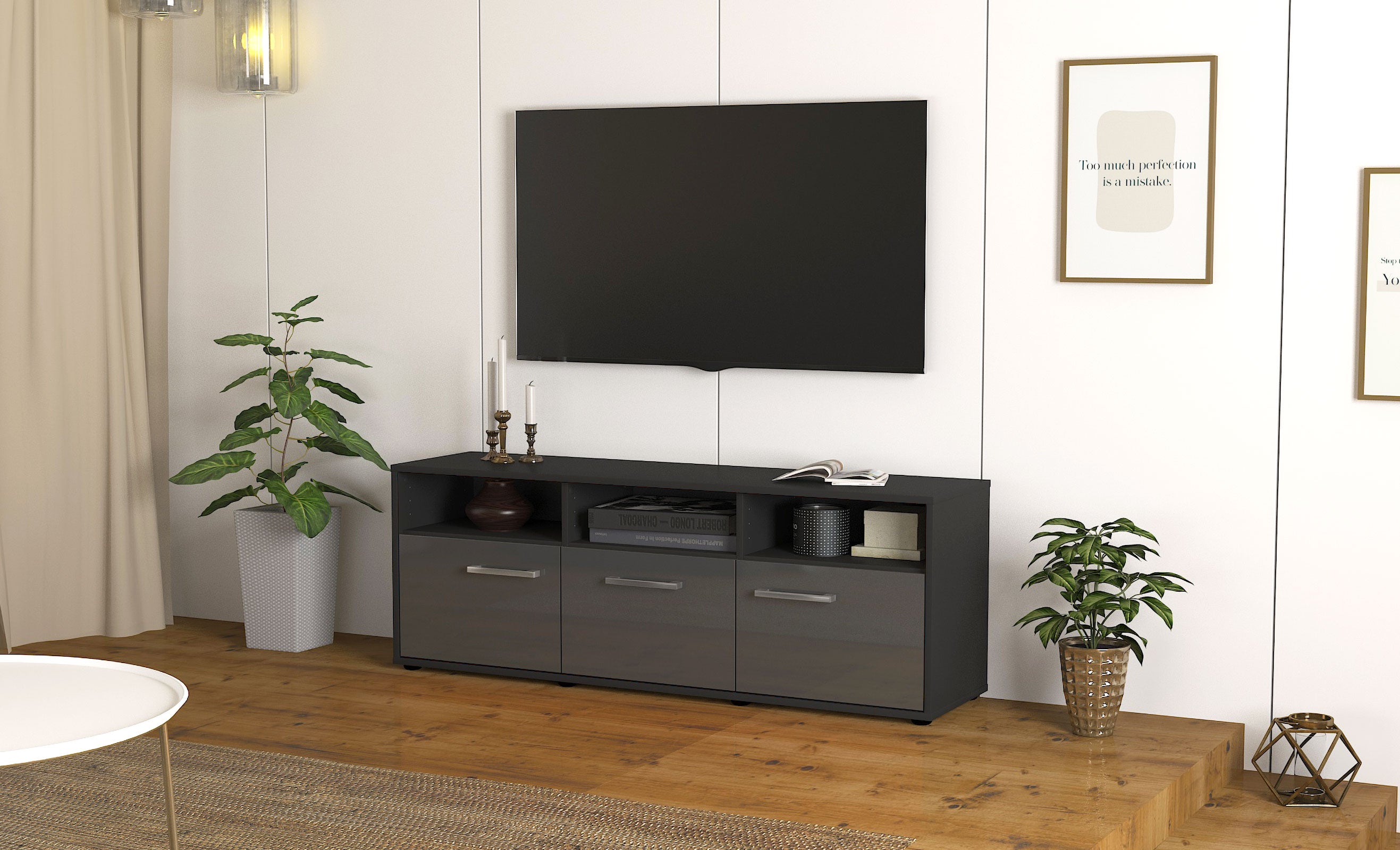 Lowboard - Andrina - Design Hochglanz - Freistehend mit Griffe 136 cm Anthrazit