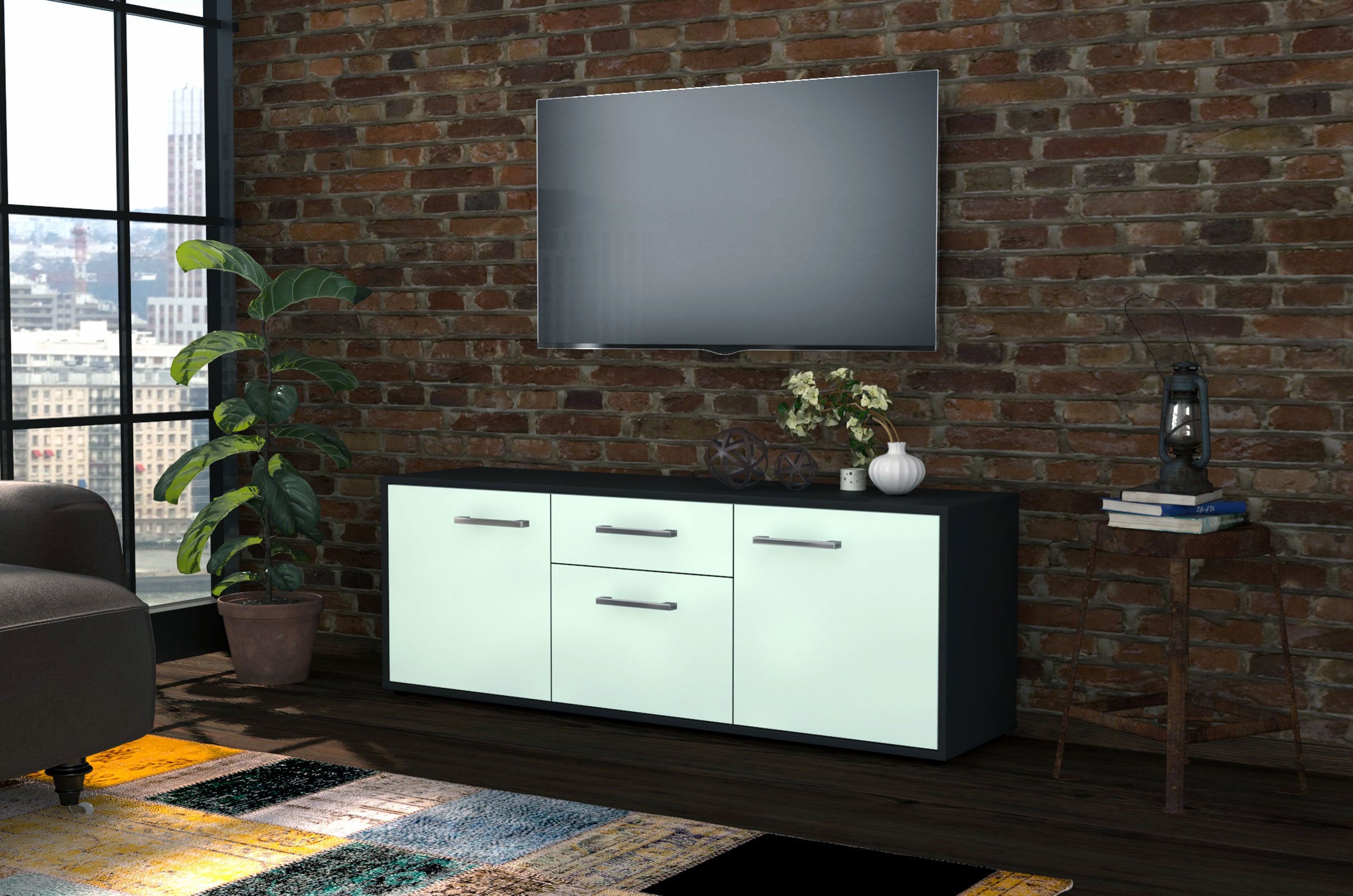 Lowboard - Anella - Design Farbakzent - Freistehend mit Griffe 136 cm Anthrazit