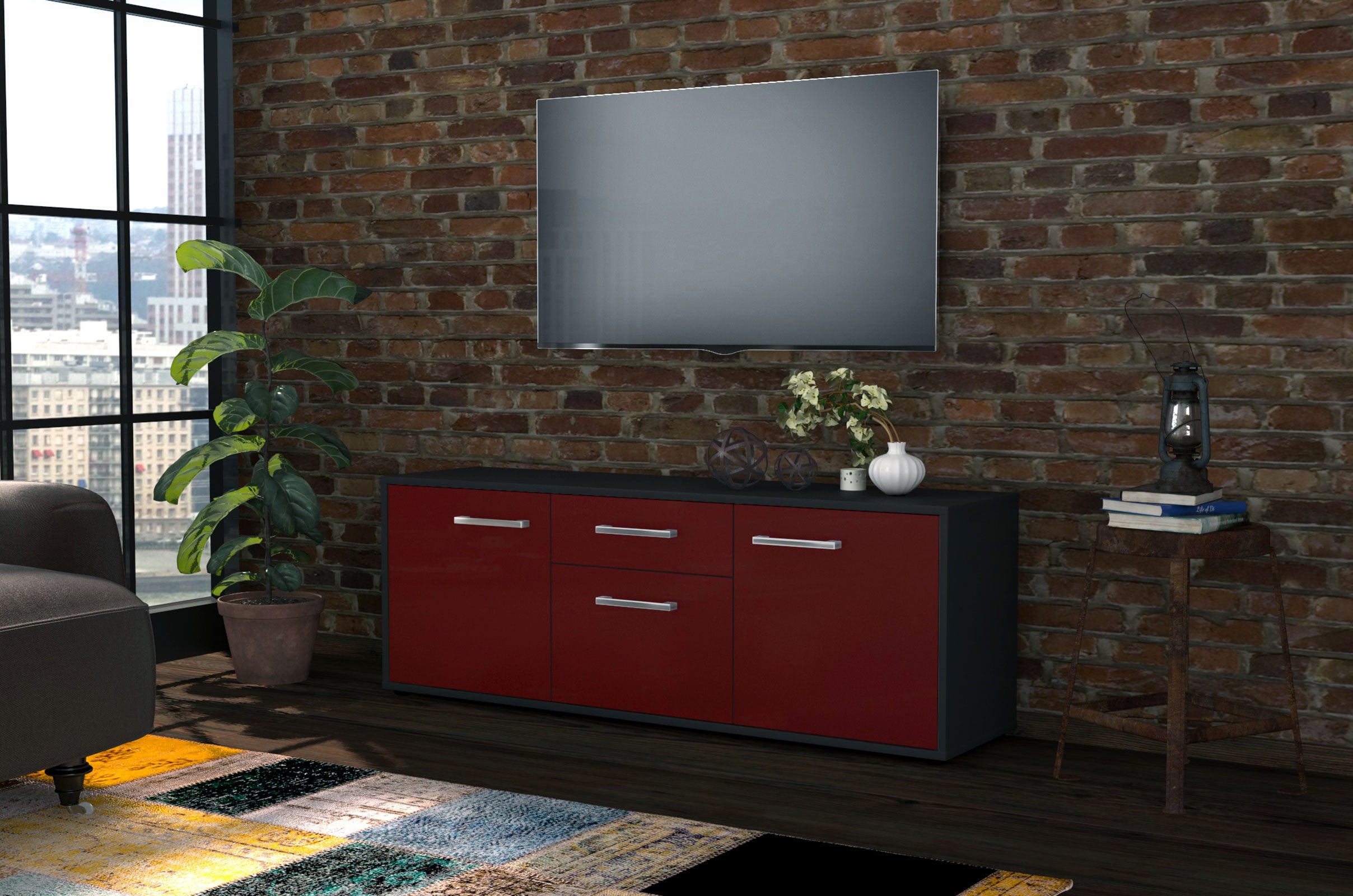 Lowboard - Anella - Design Farbakzent - Freistehend mit Griffe 136 cm Anthrazit