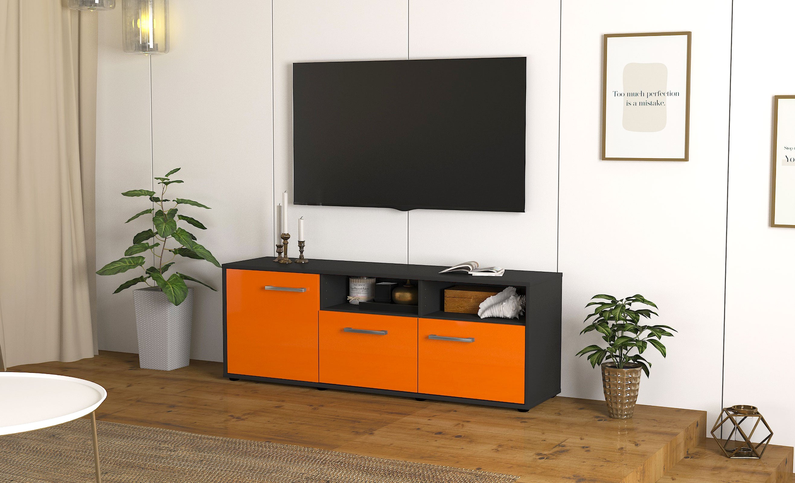 Lowboard - Angelina - Design Hochglanz - Freistehend mit Griffe 136 cm Anthrazit