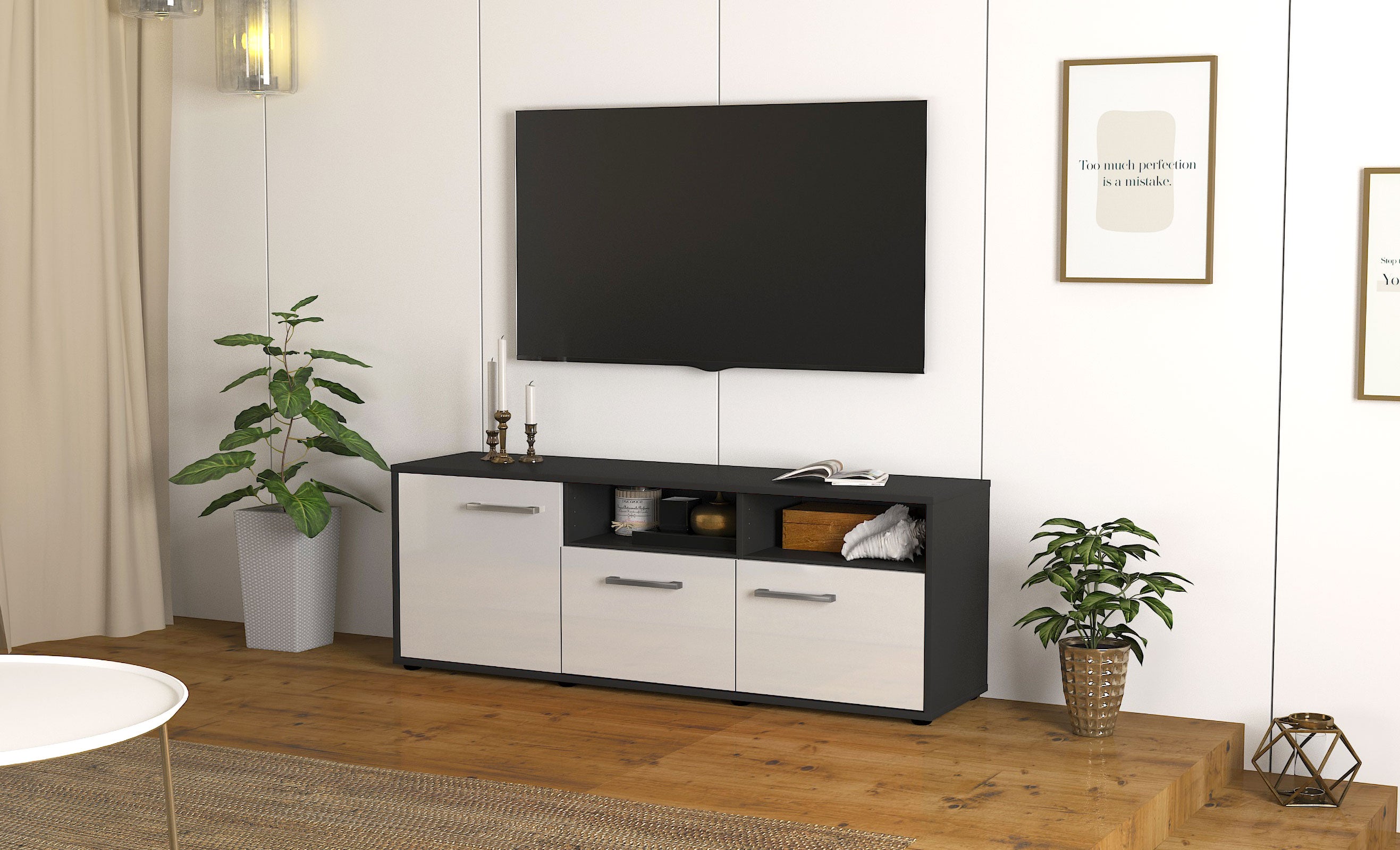 Lowboard - Angelina - Design Hochglanz - Freistehend mit Griffe 136 cm Anthrazit