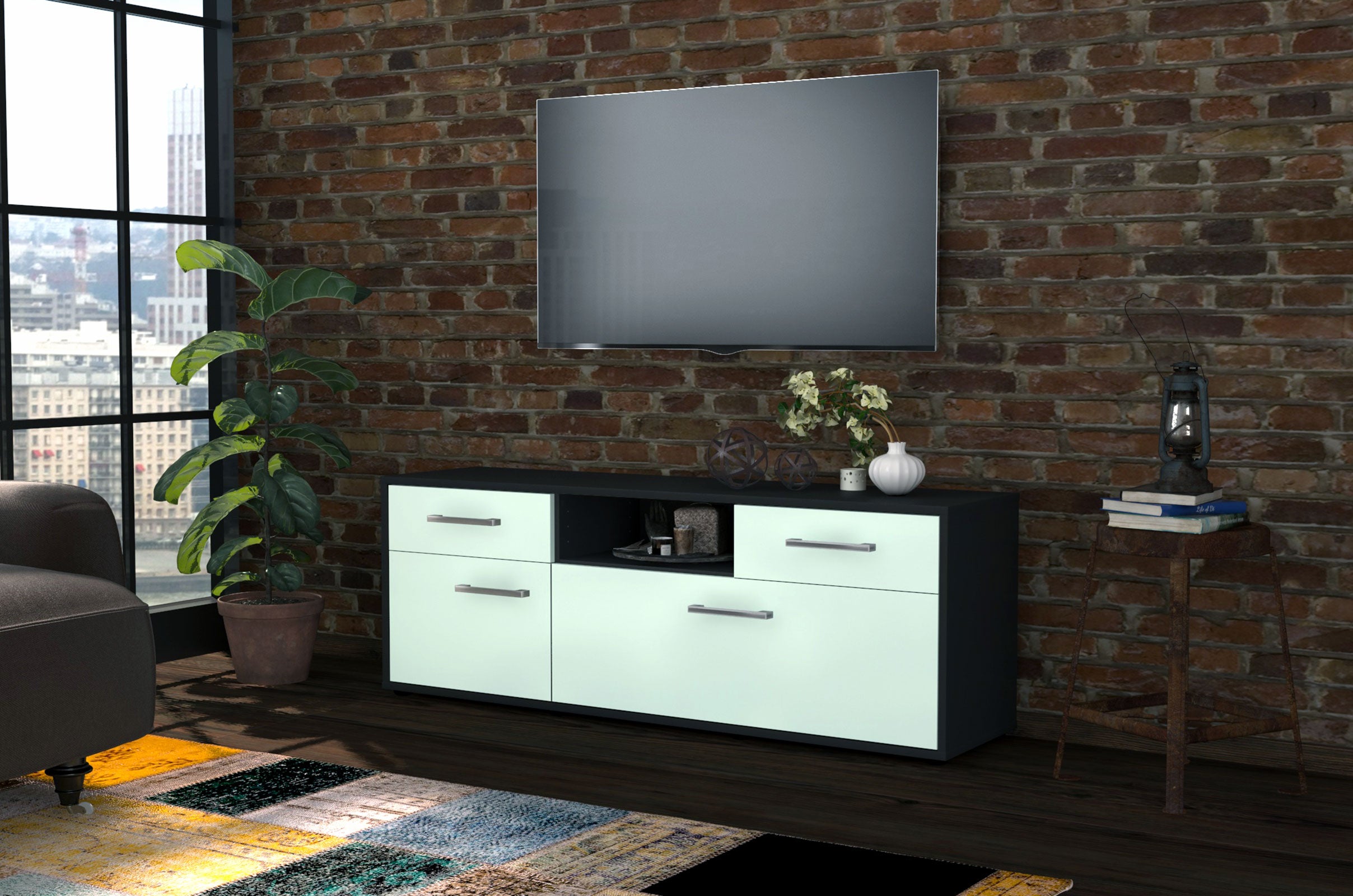 Lowboard - Anita - Design Farbakzent - Freistehend mit Griffe 136 cm Anthrazit