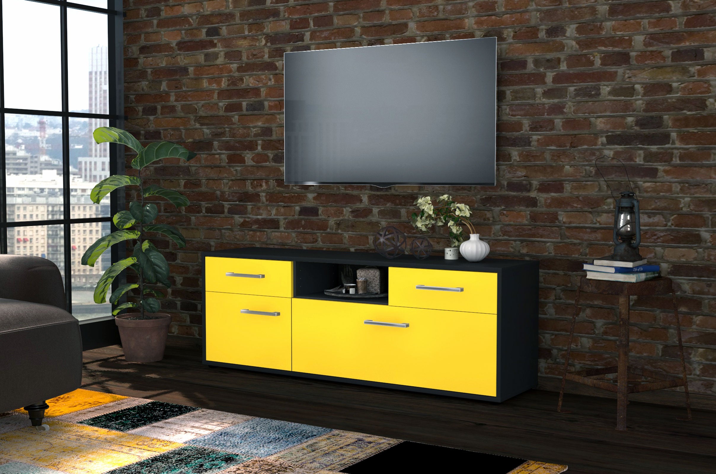 Lowboard - Anita - Design Farbakzent - Freistehend mit Griffe 136 cm Anthrazit