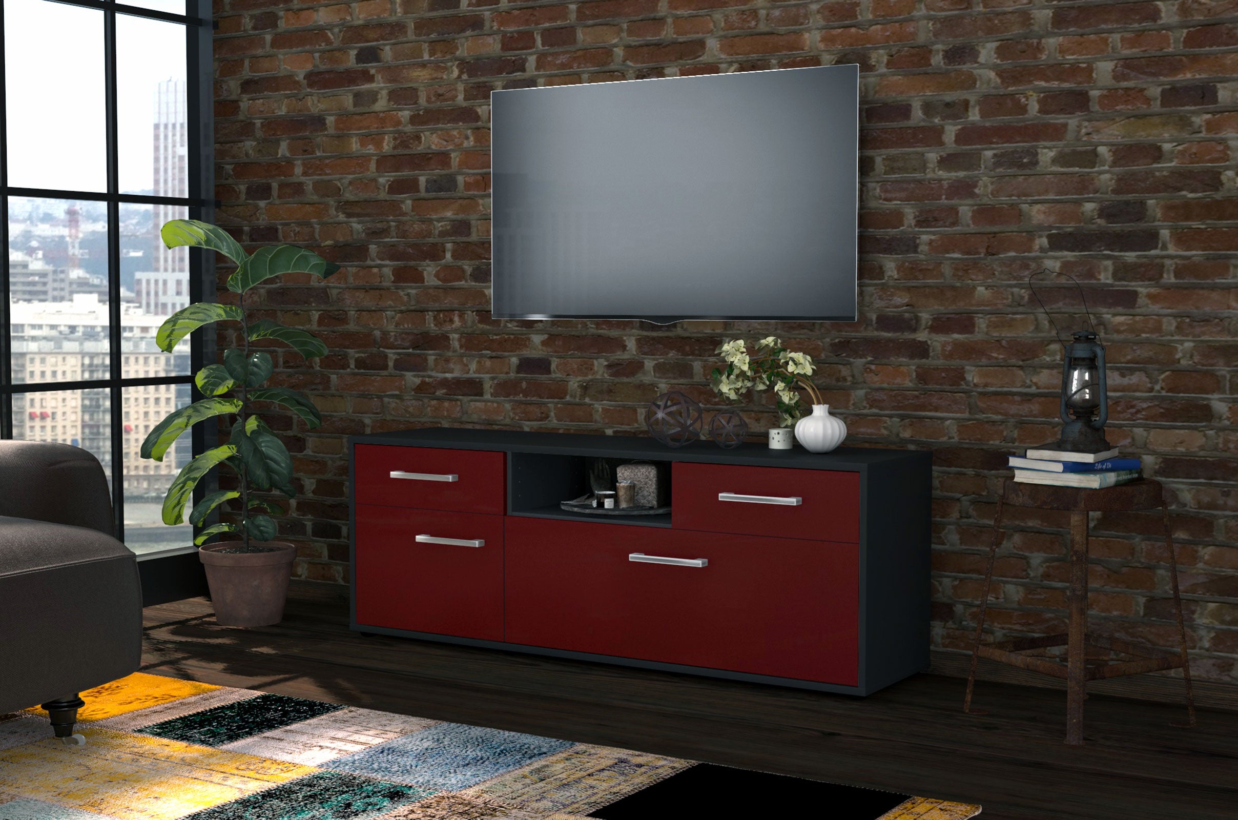 Lowboard - Anita - Design Farbakzent - Freistehend mit Griffe 136 cm Anthrazit