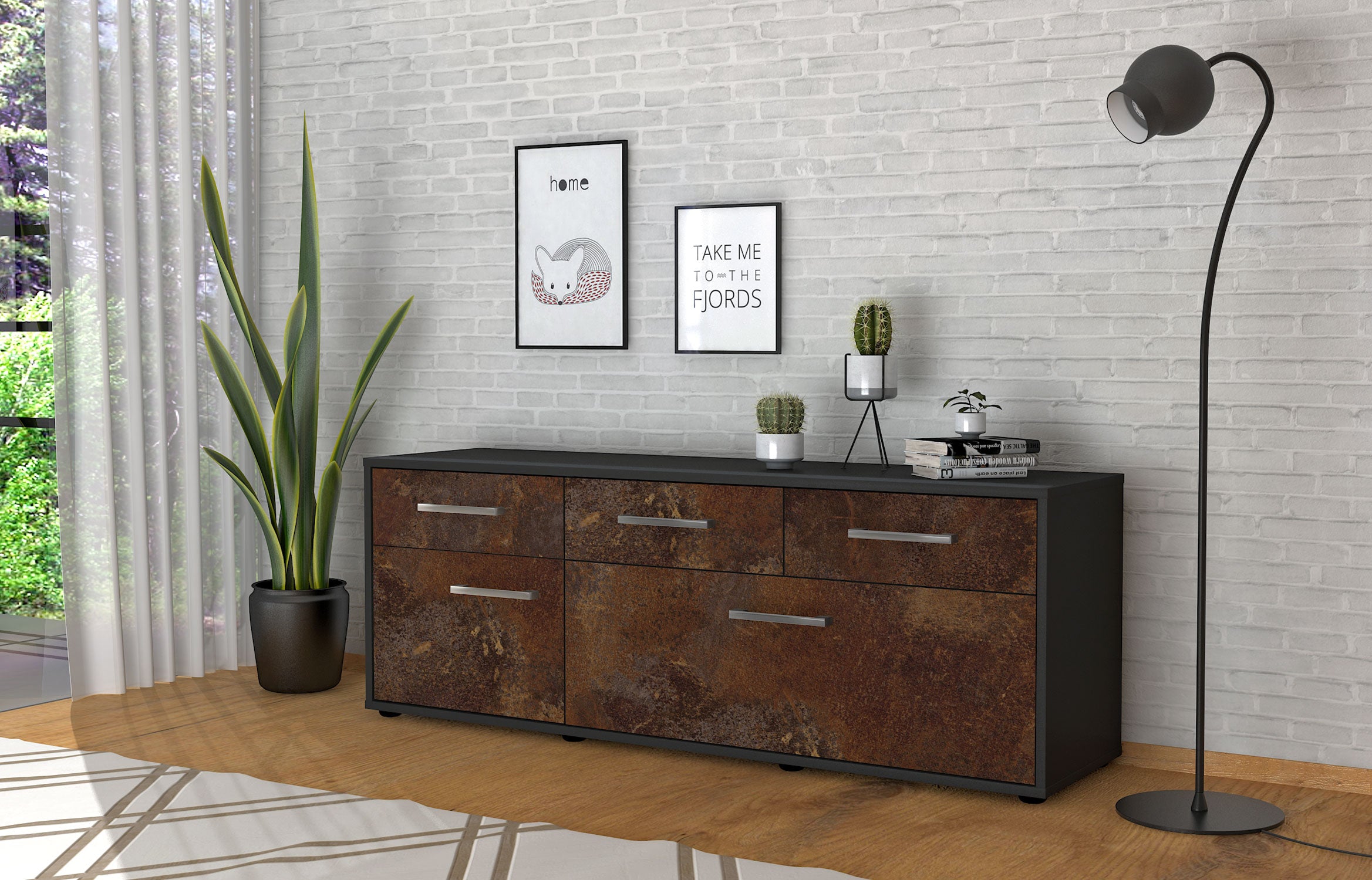 Lowboard - Anjelika - Design Industrie Stil - Freistehend mit Griffe 136 cm Anthrazit