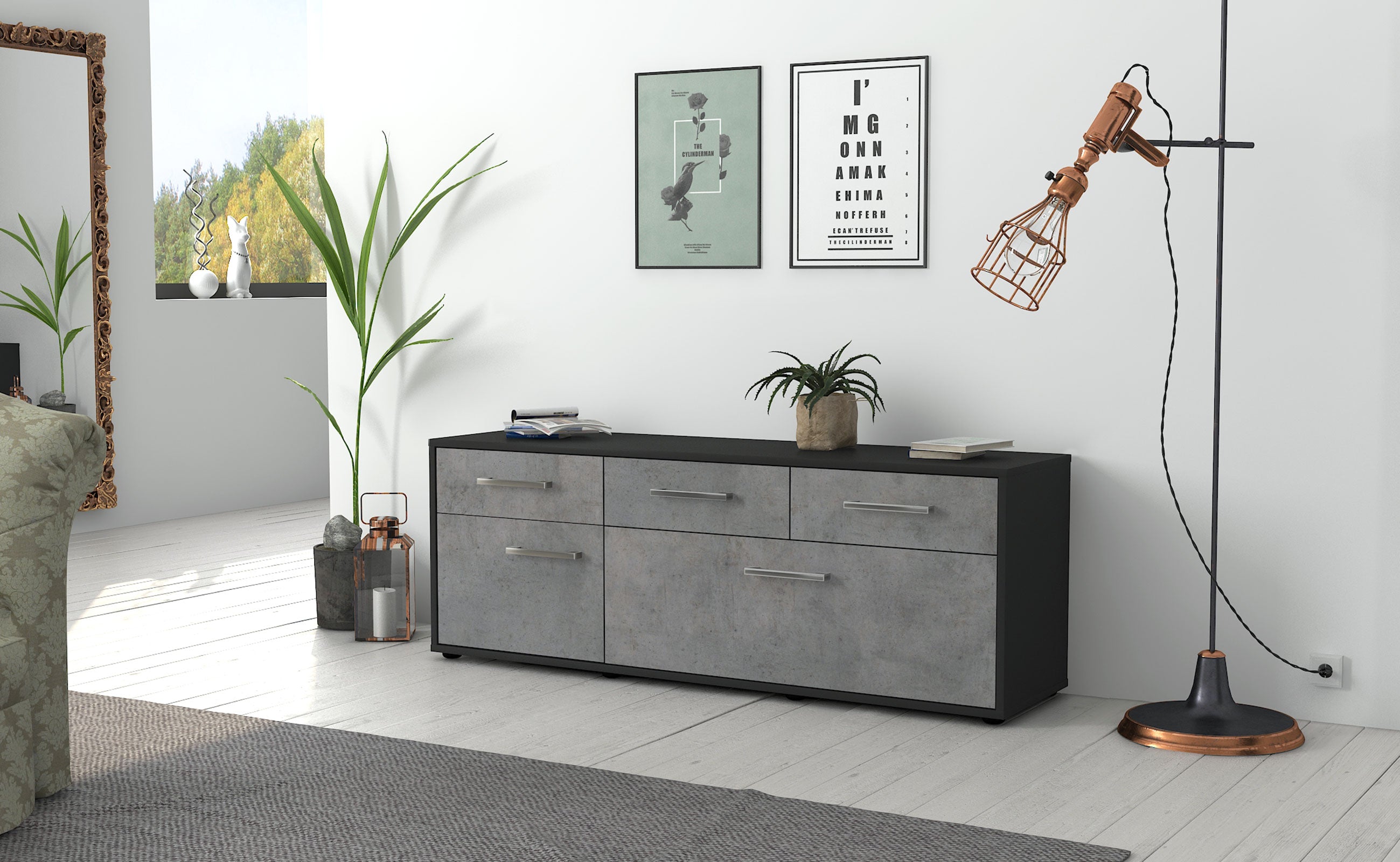 Lowboard - Anjelika - Design Industrie Stil - Freistehend mit Griffe 136 cm Anthrazit