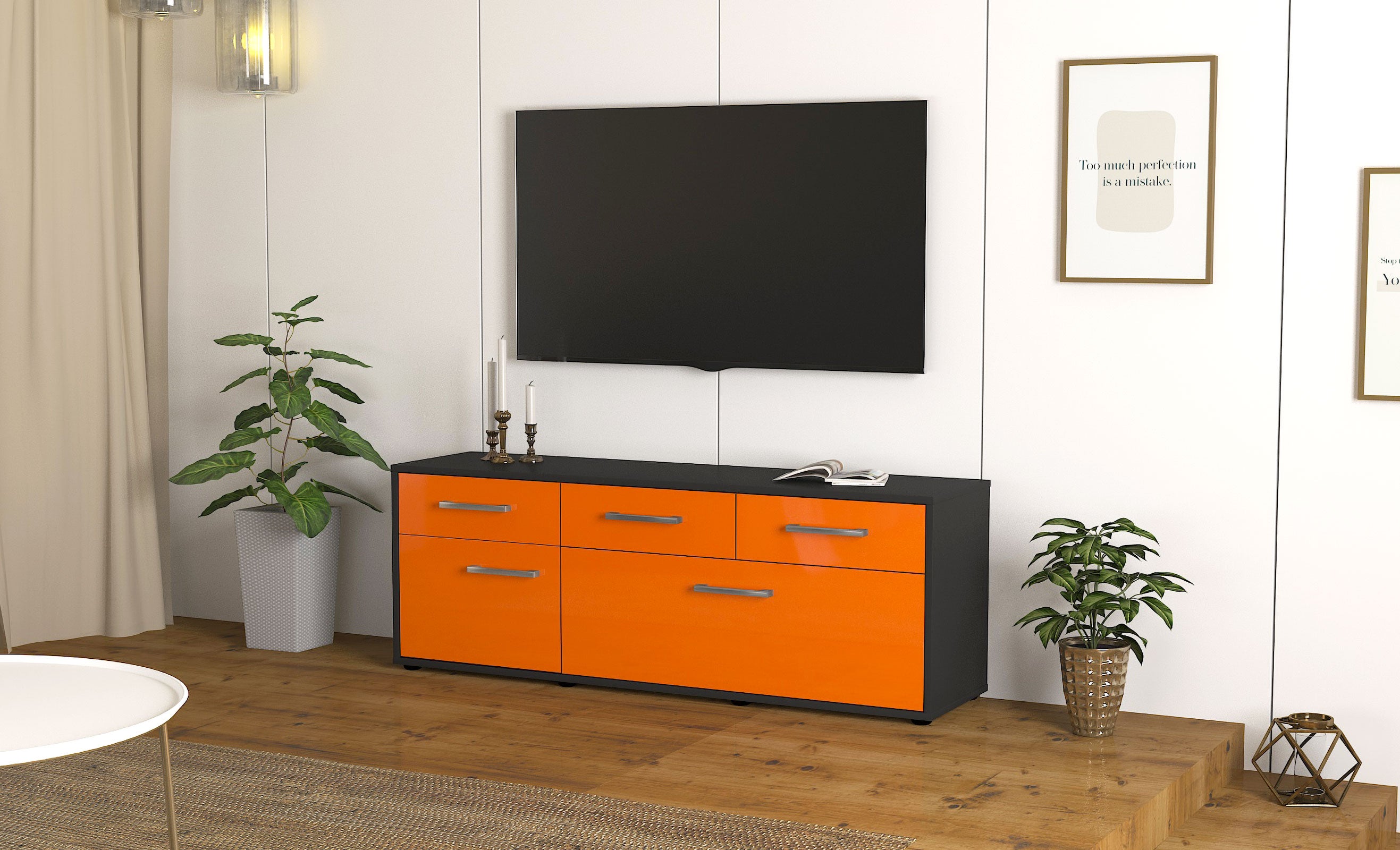 Lowboard - Anjelika - Design Hochglanz - Freistehend mit Griffe 136 cm Anthrazit