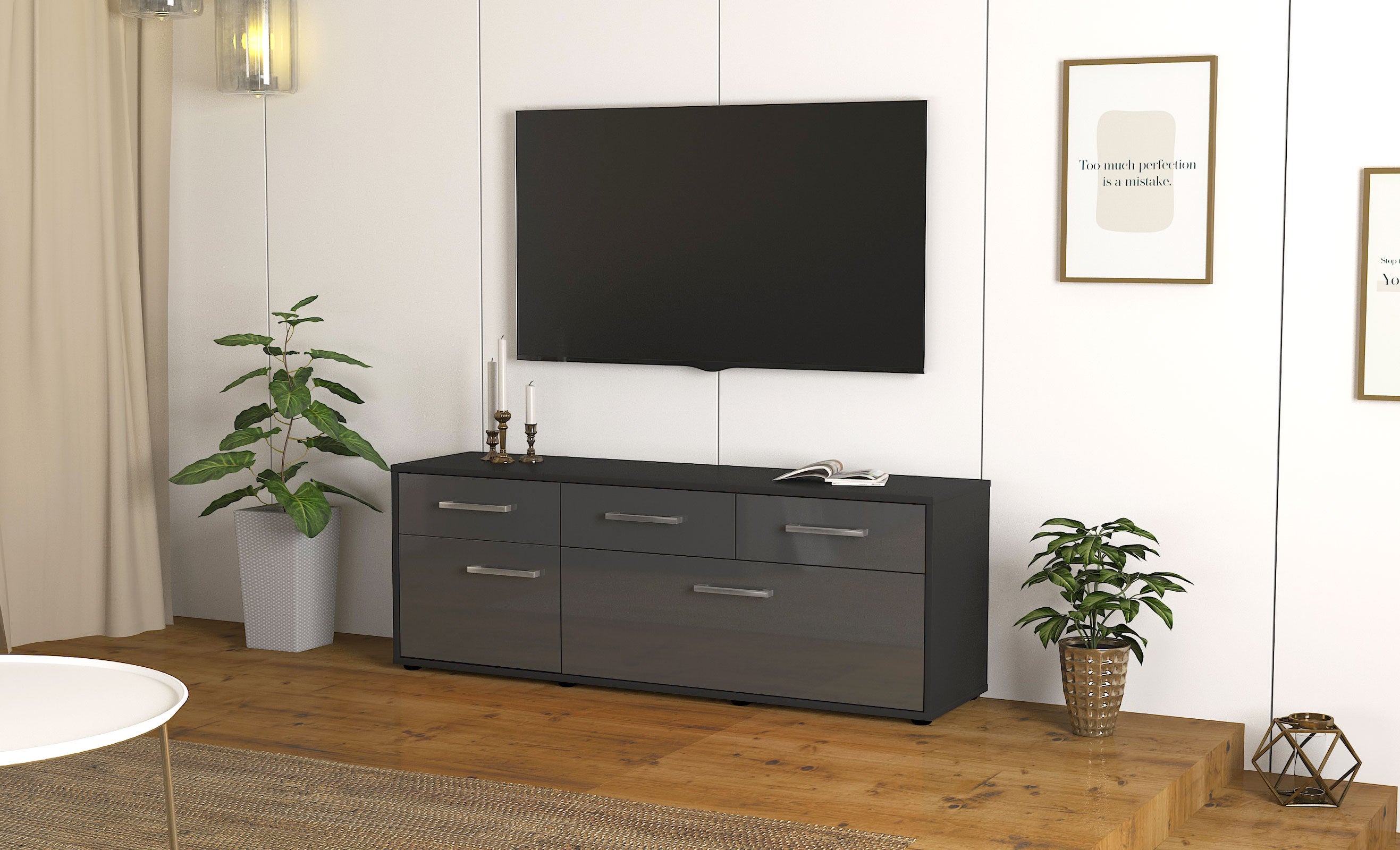 Lowboard - Anjelika - Design Hochglanz - Freistehend mit Griffe 136 cm Anthrazit