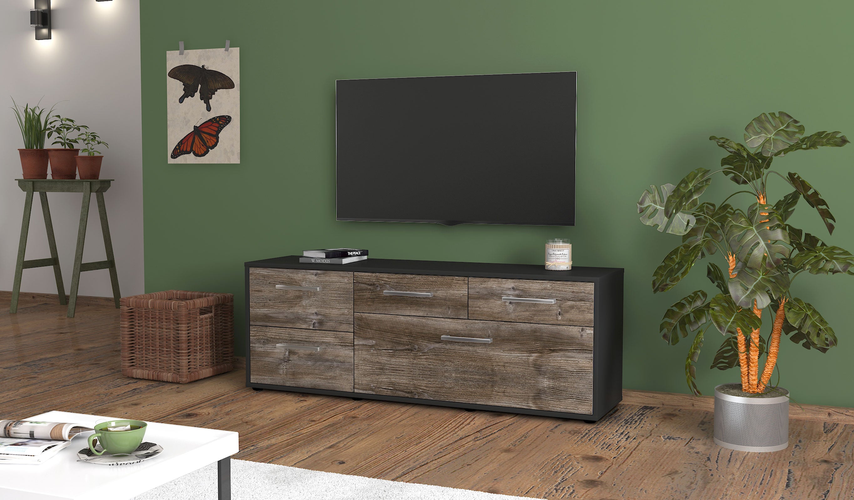 Lowboard - Anna - Design Holzdekor - Freistehend mit Griffe 136 cm Anthrazit