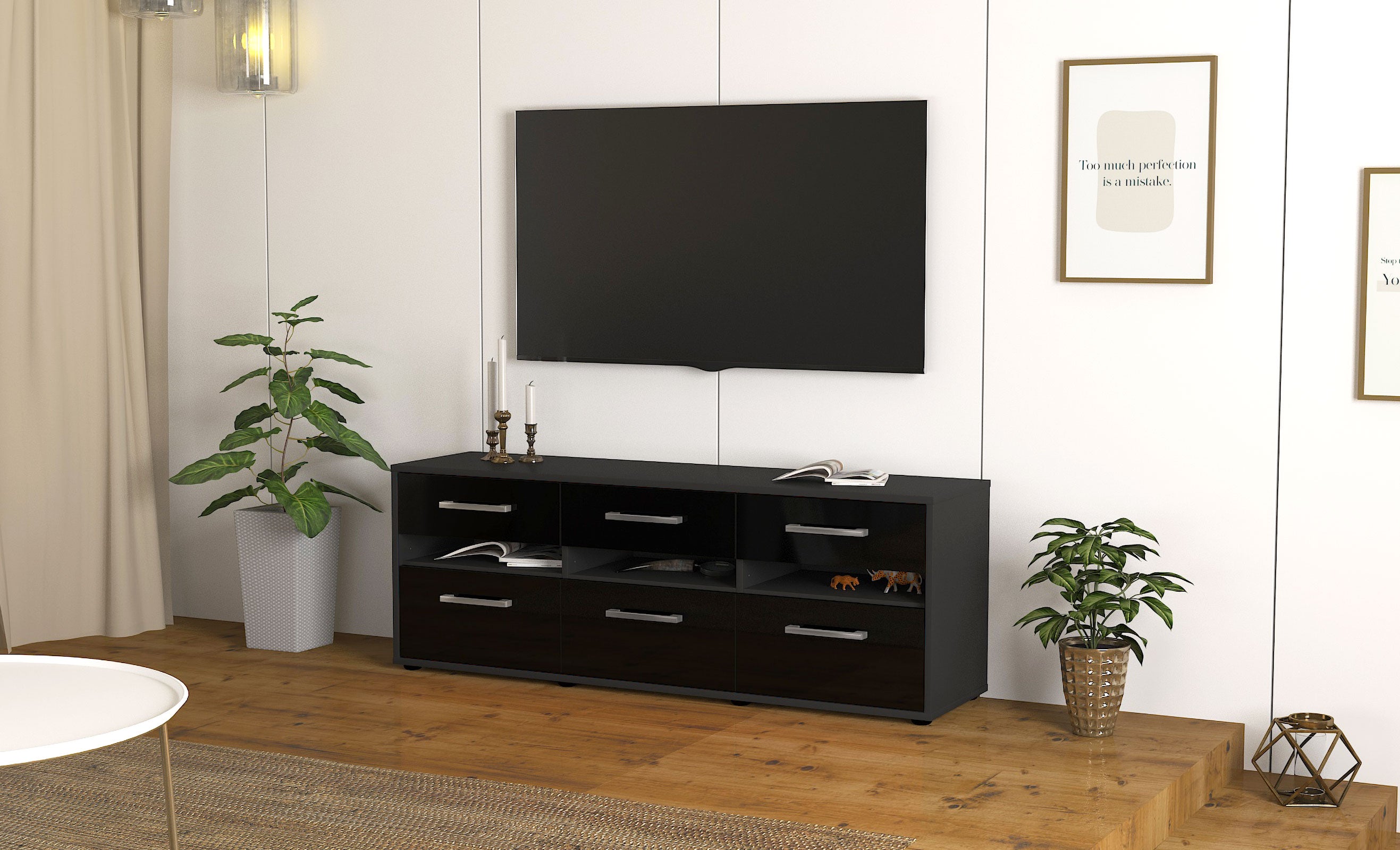 Lowboard - Annalena - Design Hochglanz - Freistehend mit Griffe 136 cm Anthrazit