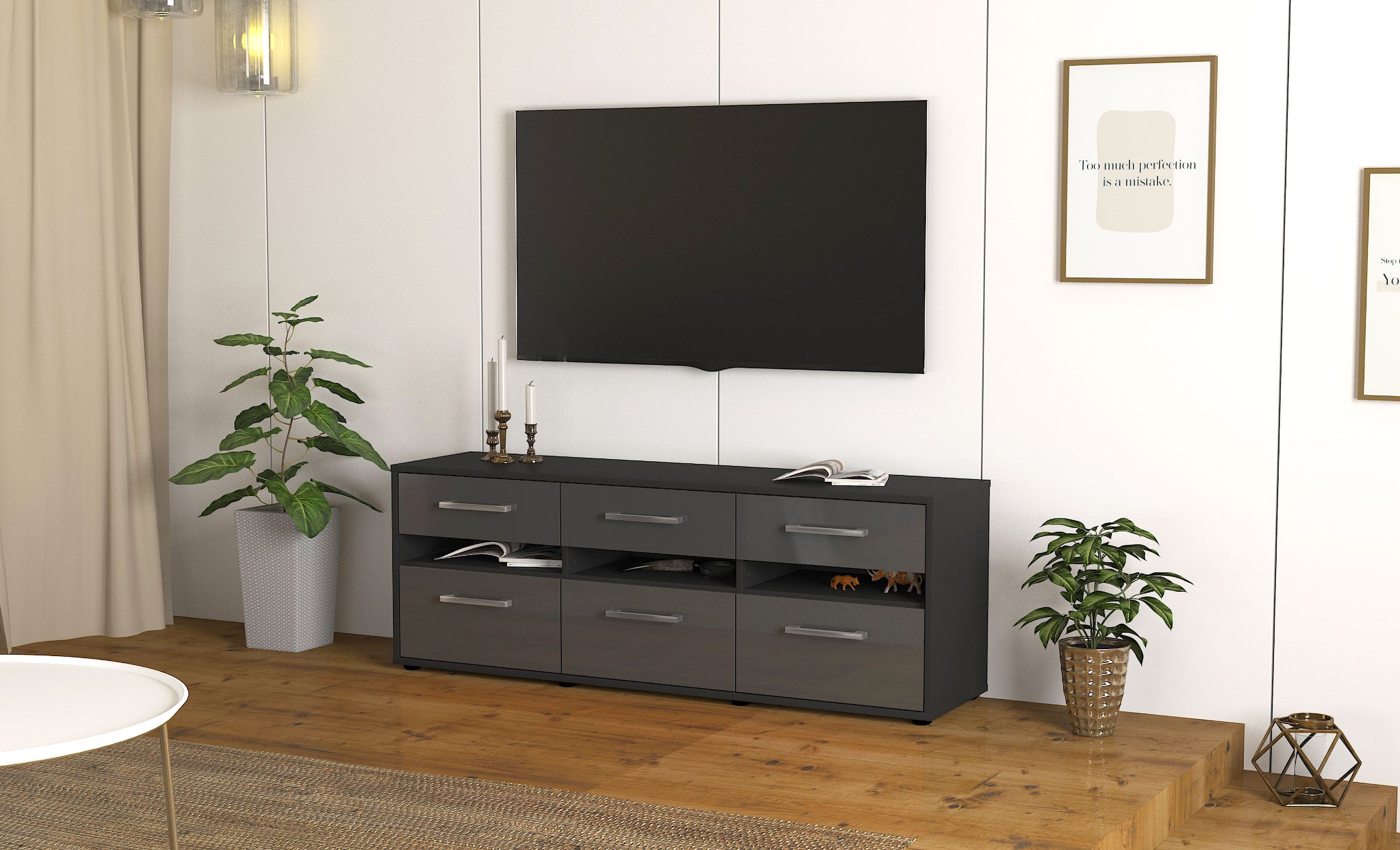 Lowboard - Annalena - Design Hochglanz - Freistehend mit Griffe 136 cm Anthrazit