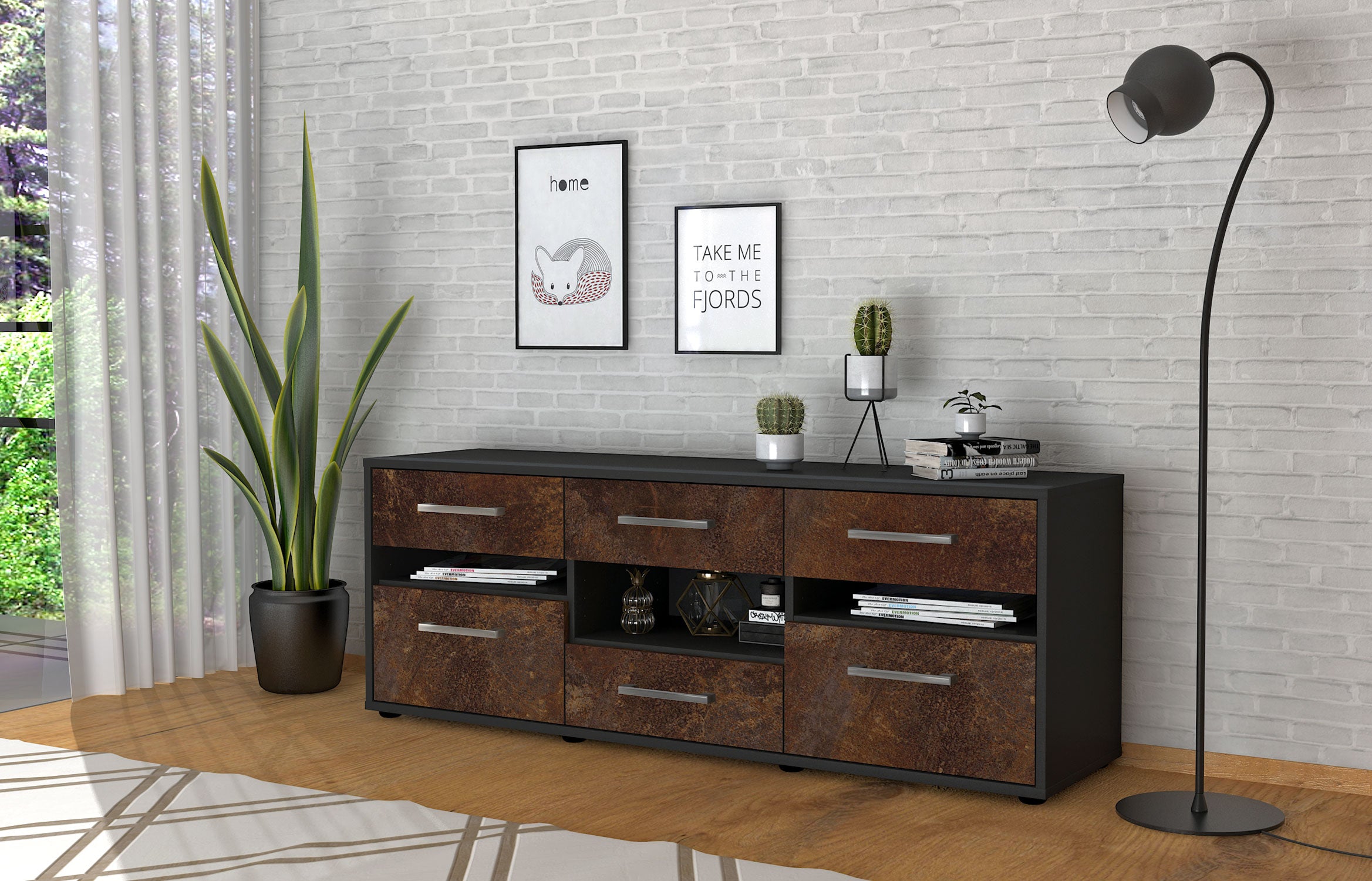 Lowboard - Annamaria - Design Industrie Stil - Freistehend mit Griffe 136 cm Anthrazit