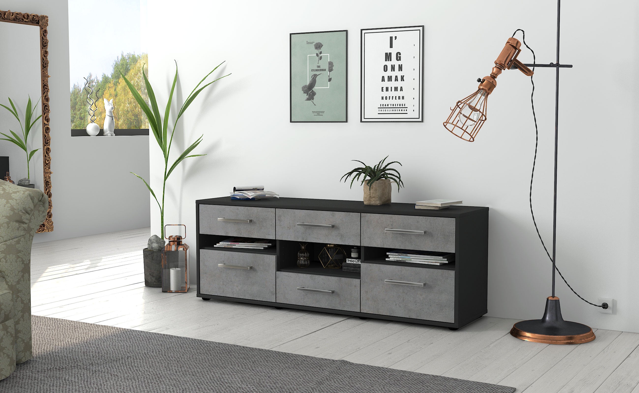 Lowboard - Annamaria - Design Industrie Stil - Freistehend mit Griffe 136 cm Anthrazit