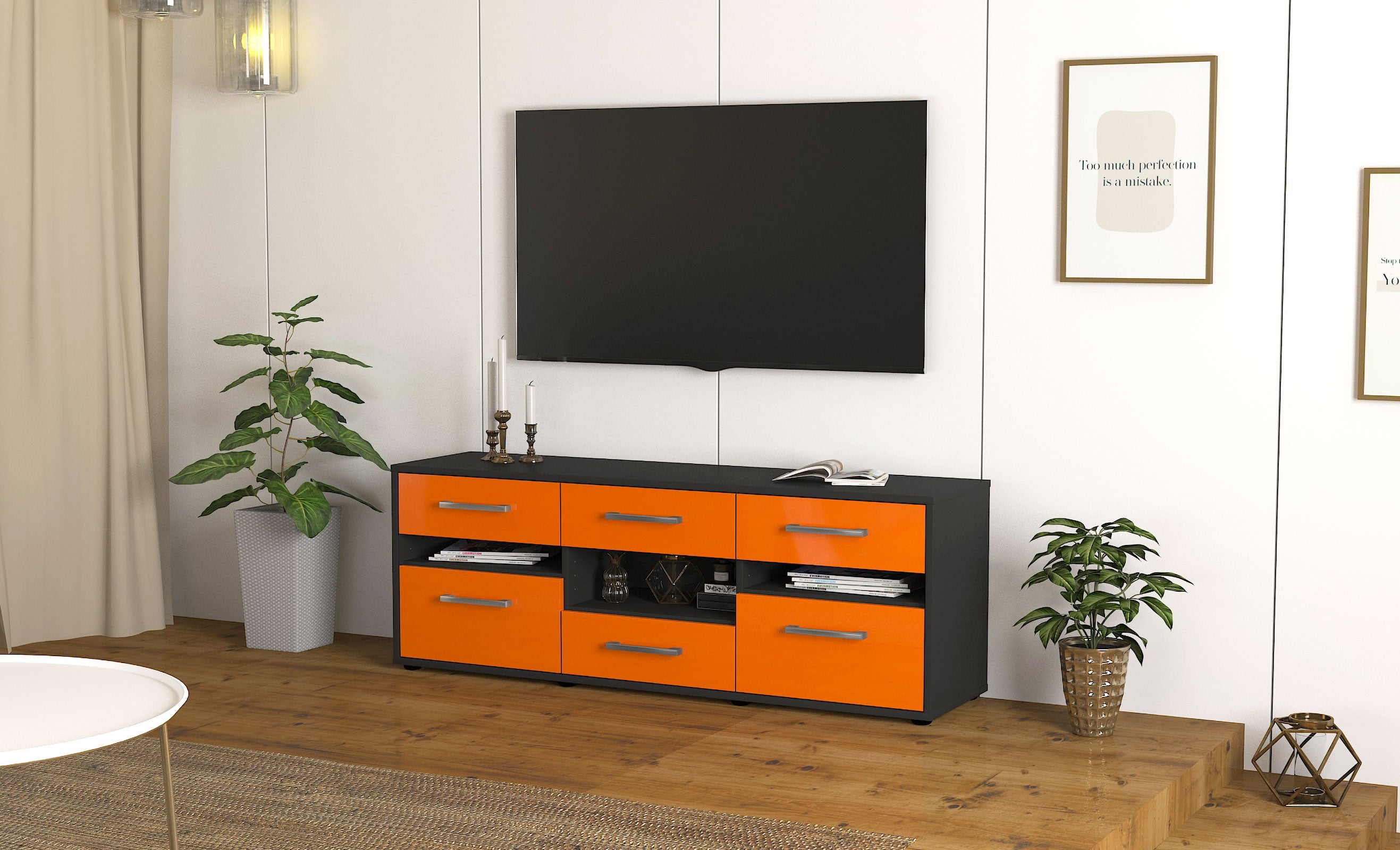 Lowboard - Annamaria - Design Hochglanz - Freistehend mit Griffe 136 cm Anthrazit