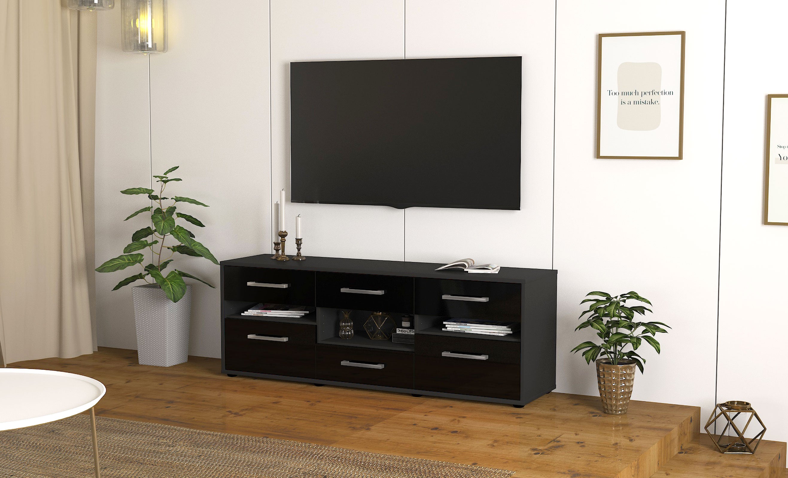 Lowboard - Annamaria - Design Hochglanz - Freistehend mit Griffe 136 cm Anthrazit