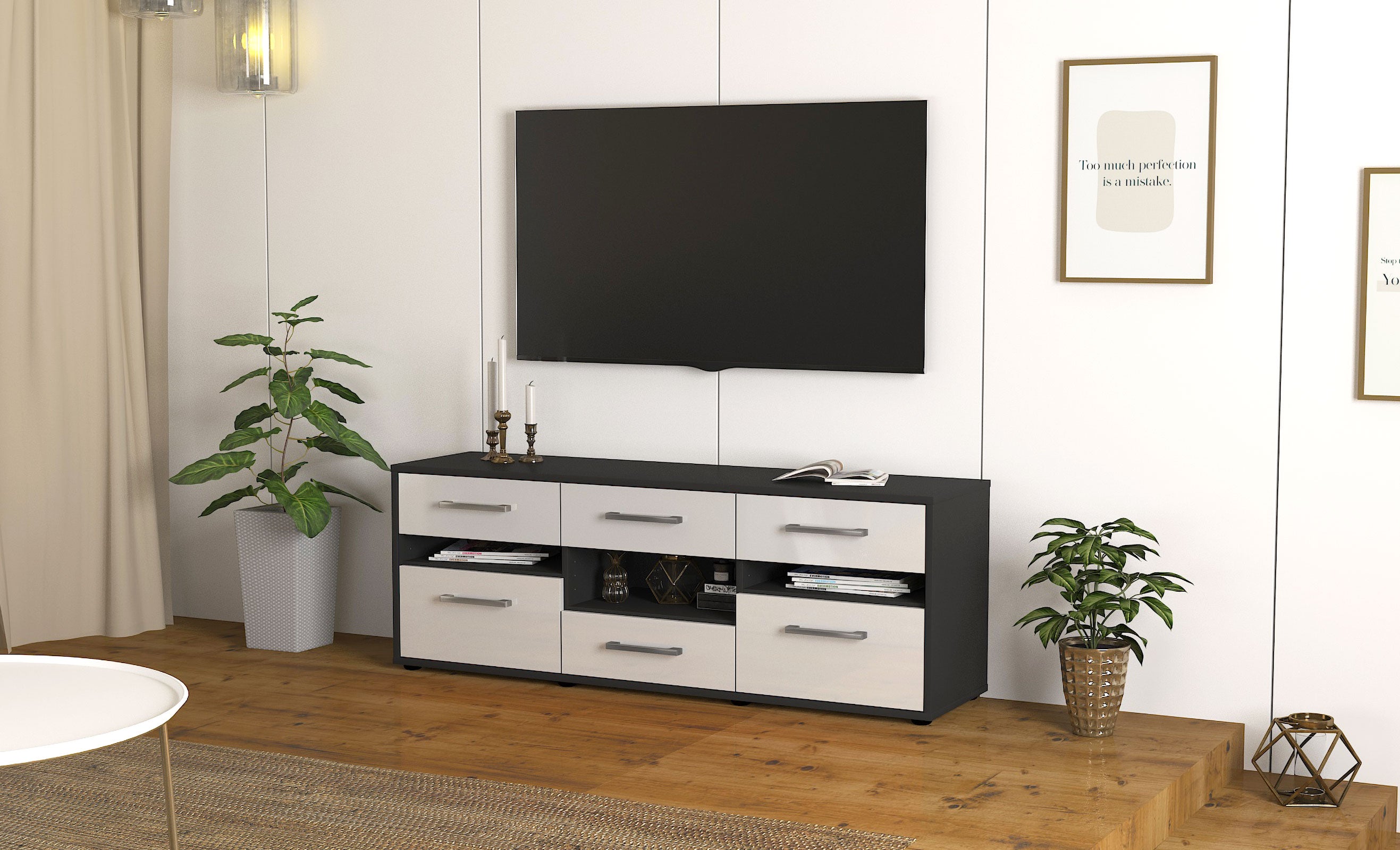 Lowboard - Annamaria - Design Hochglanz - Freistehend mit Griffe 136 cm Anthrazit