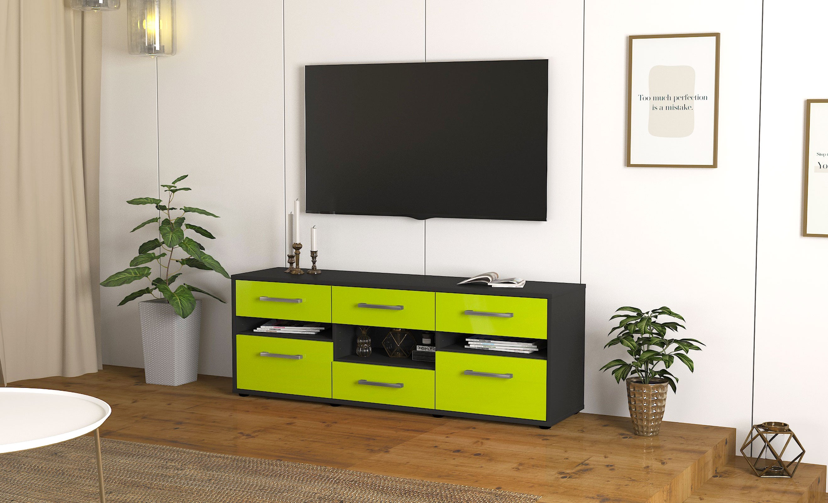 Lowboard - Annamaria - Design Hochglanz - Freistehend mit Griffe 136 cm Anthrazit