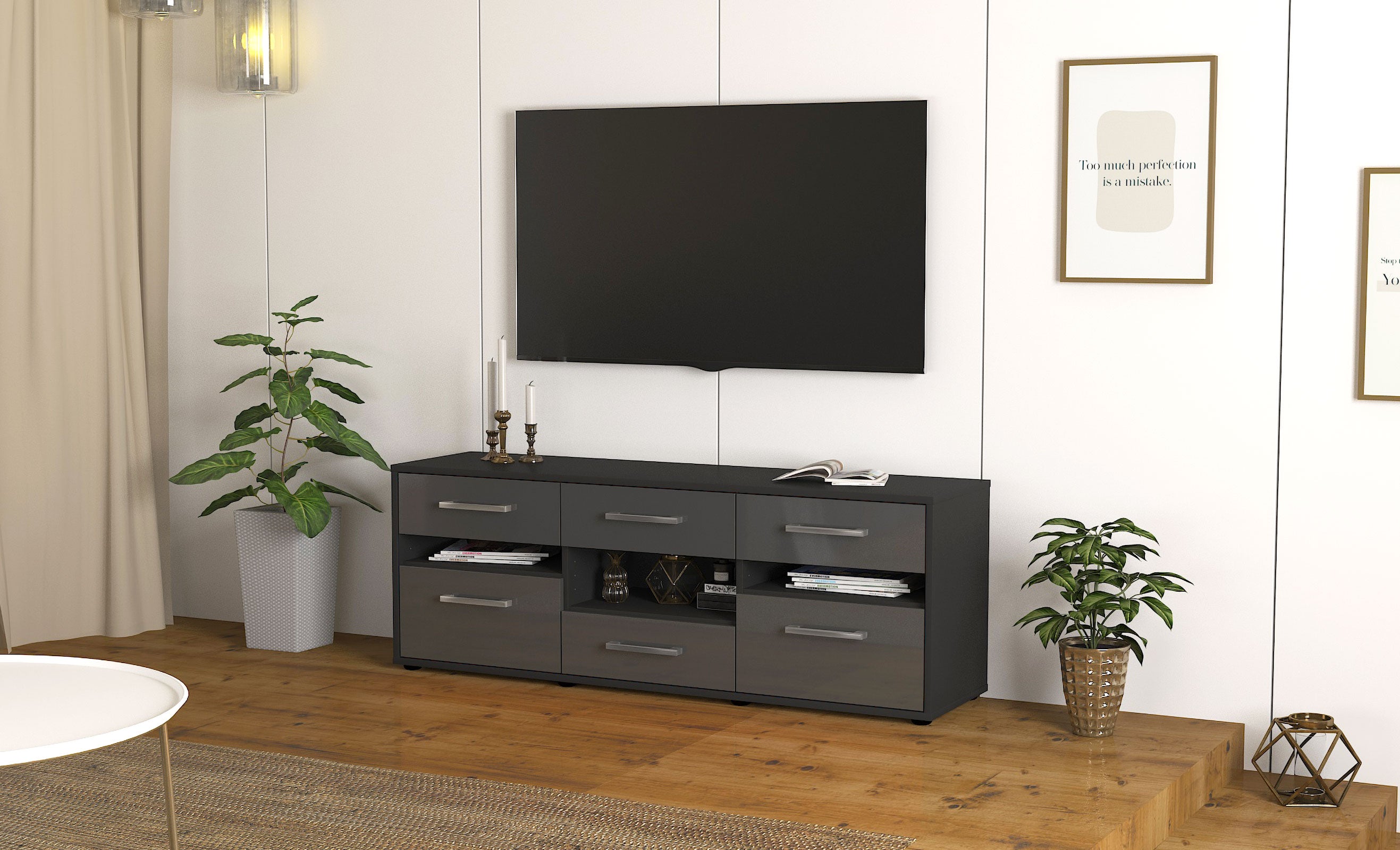 Lowboard - Annamaria - Design Hochglanz - Freistehend mit Griffe 136 cm Anthrazit