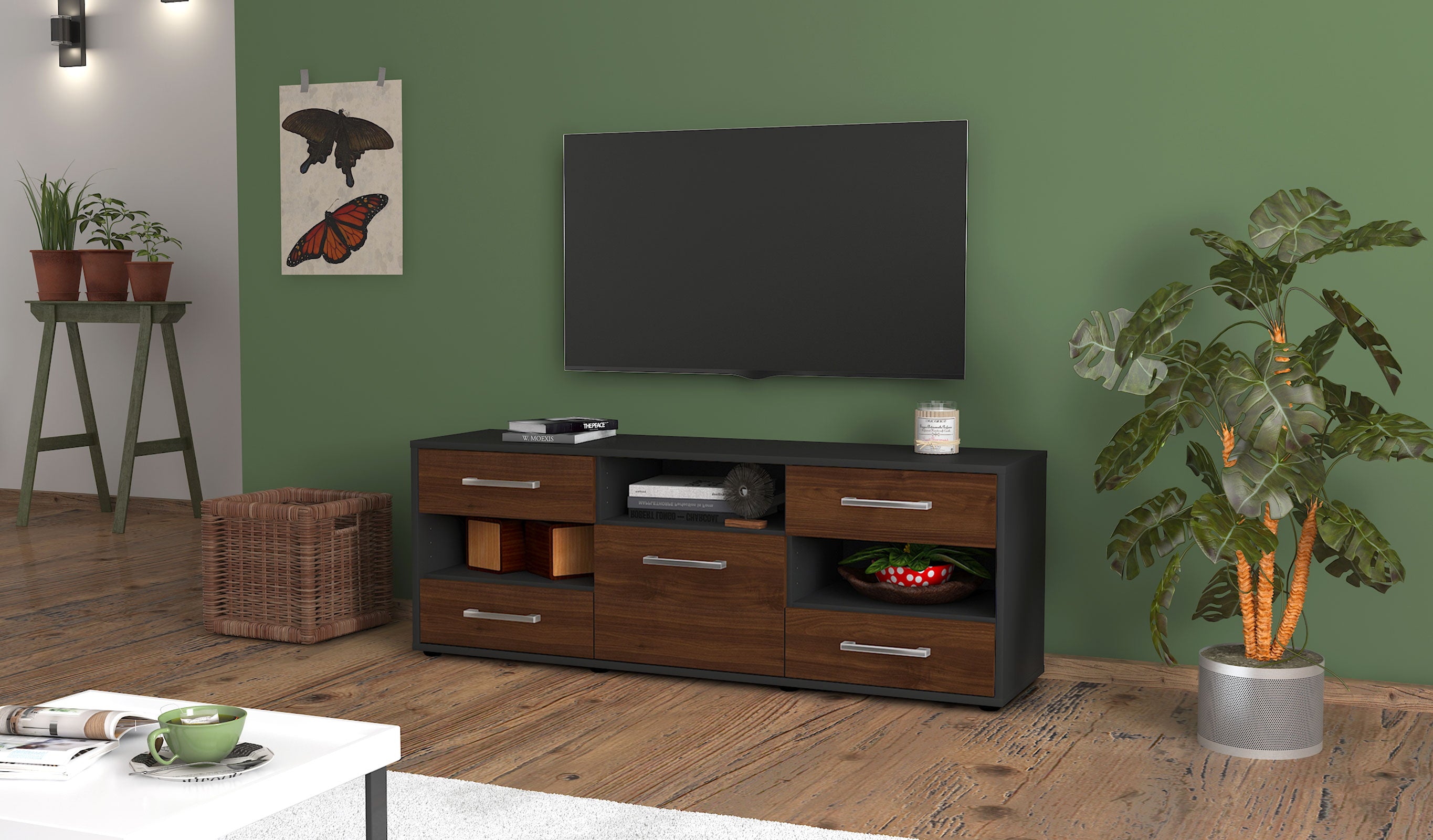 Lowboard - Annina - Design Holzdekor - Freistehend mit Griffe 136 cm Anthrazit