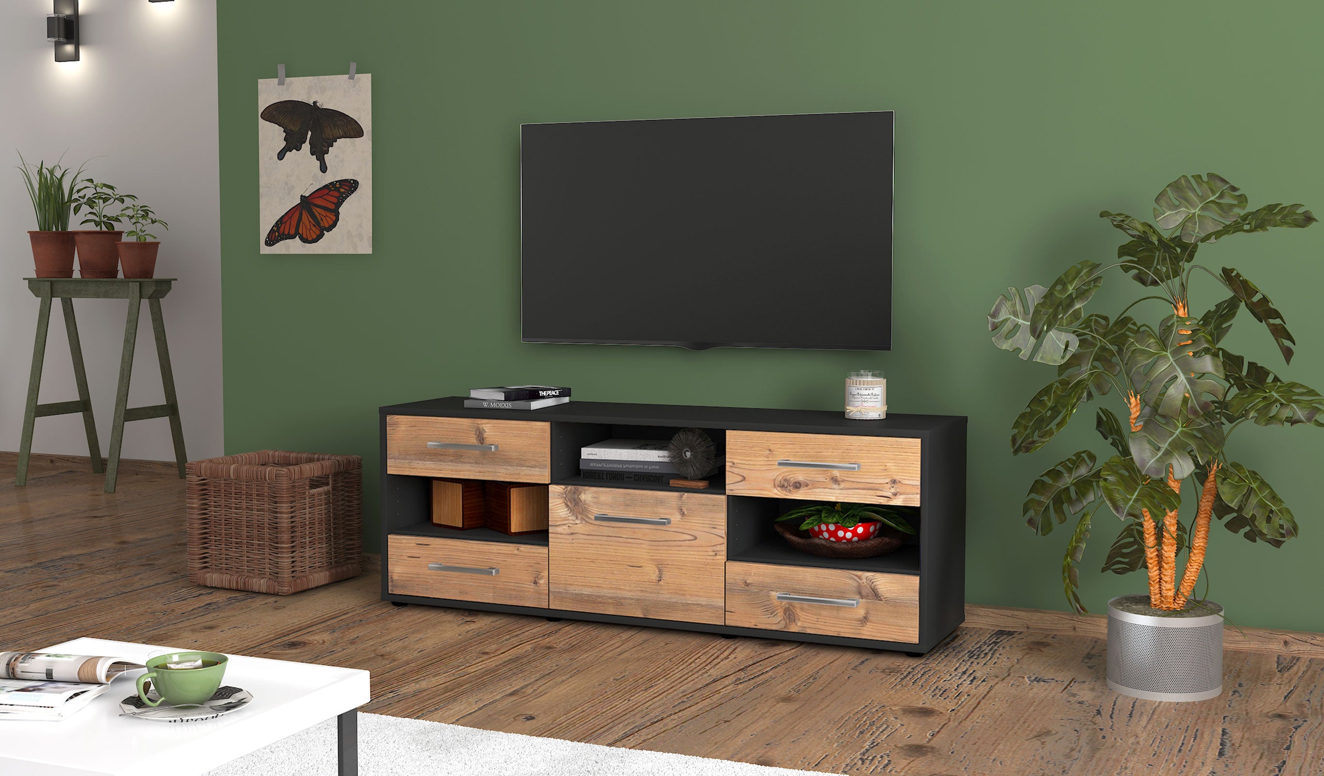 Lowboard - Annina - Design Holzdekor - Freistehend mit Griffe 136 cm Anthrazit