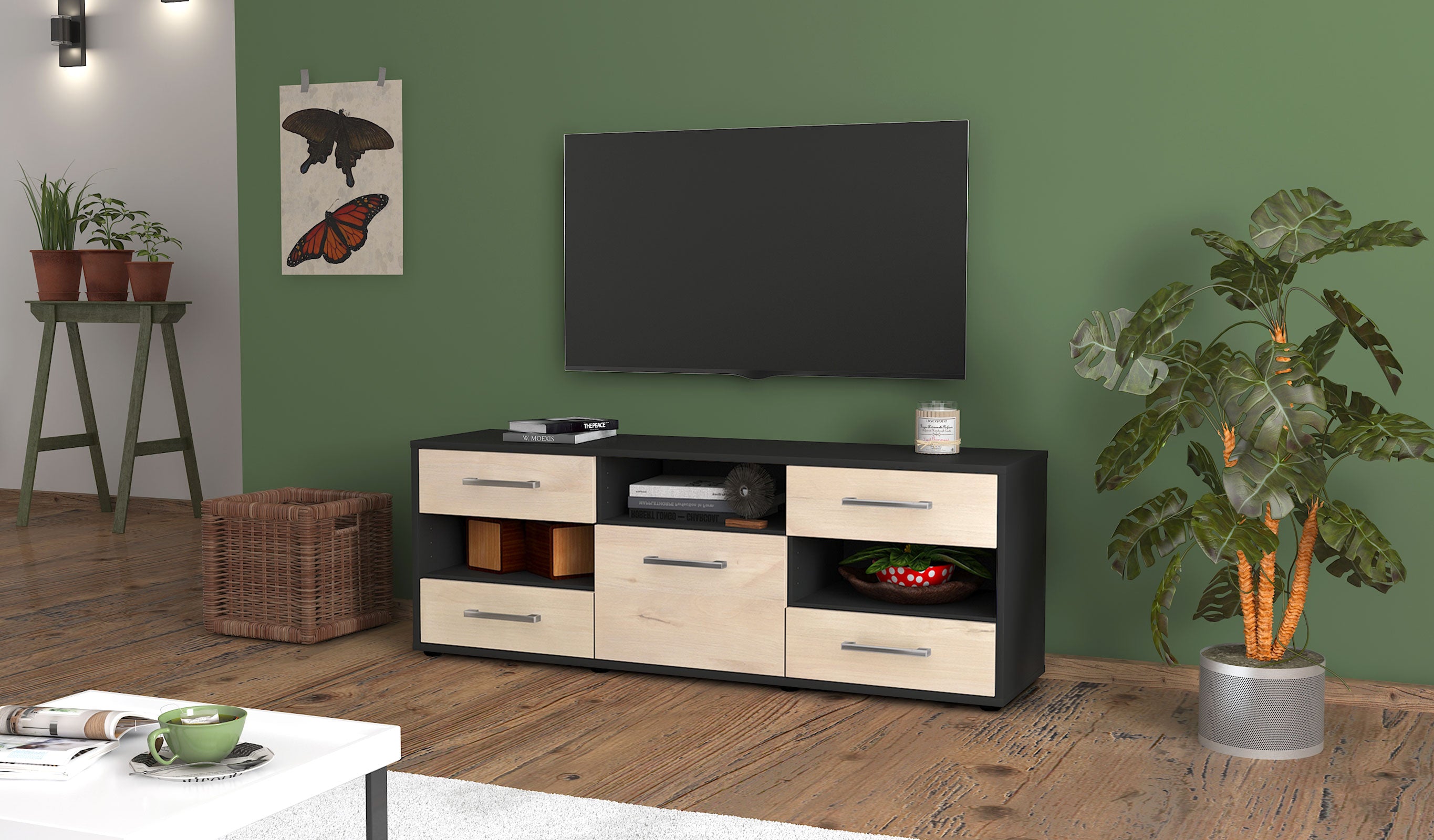 Lowboard - Annina - Design Holzdekor - Freistehend mit Griffe 136 cm Anthrazit