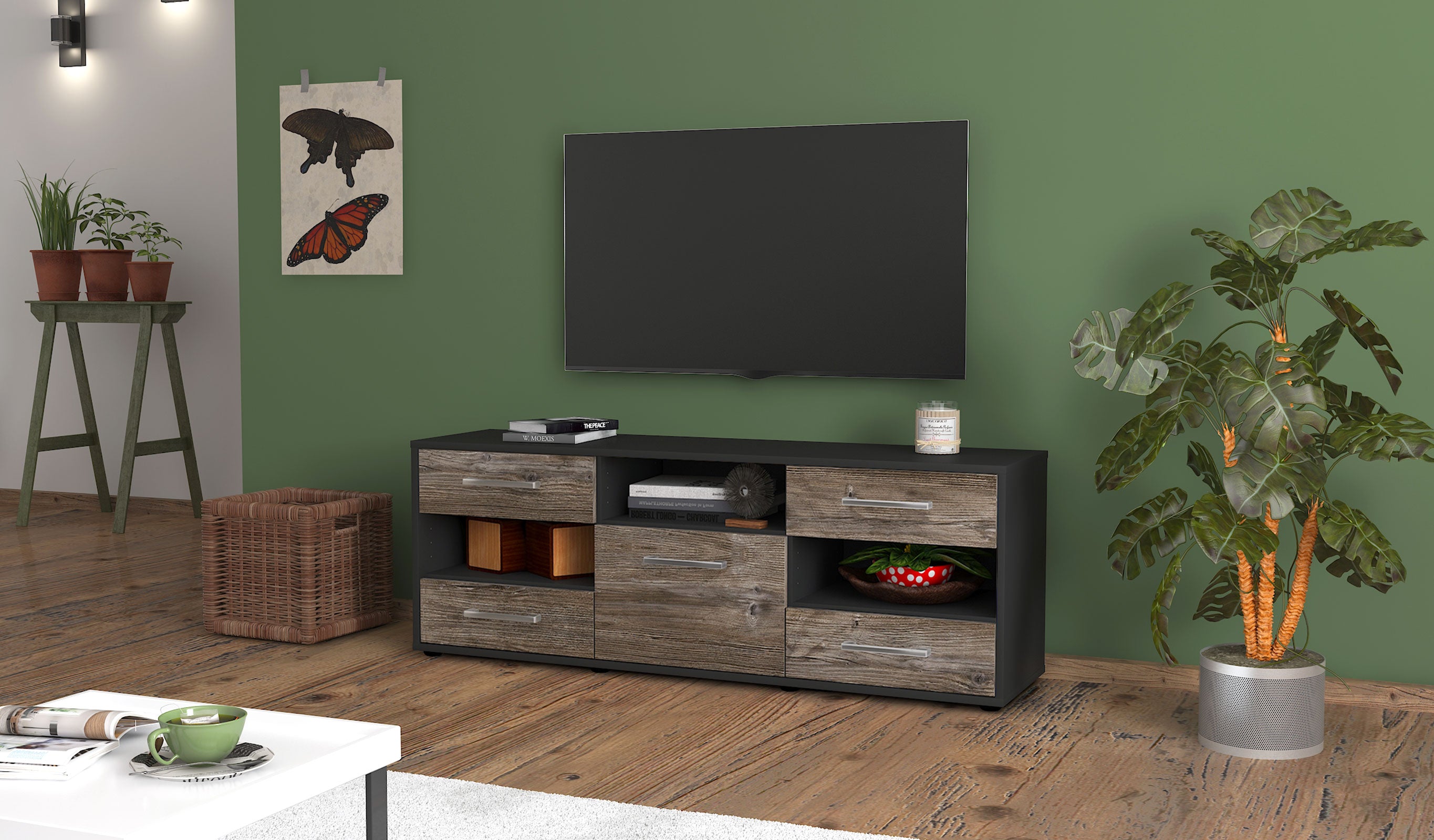 Lowboard - Annina - Design Holzdekor - Freistehend mit Griffe 136 cm Anthrazit