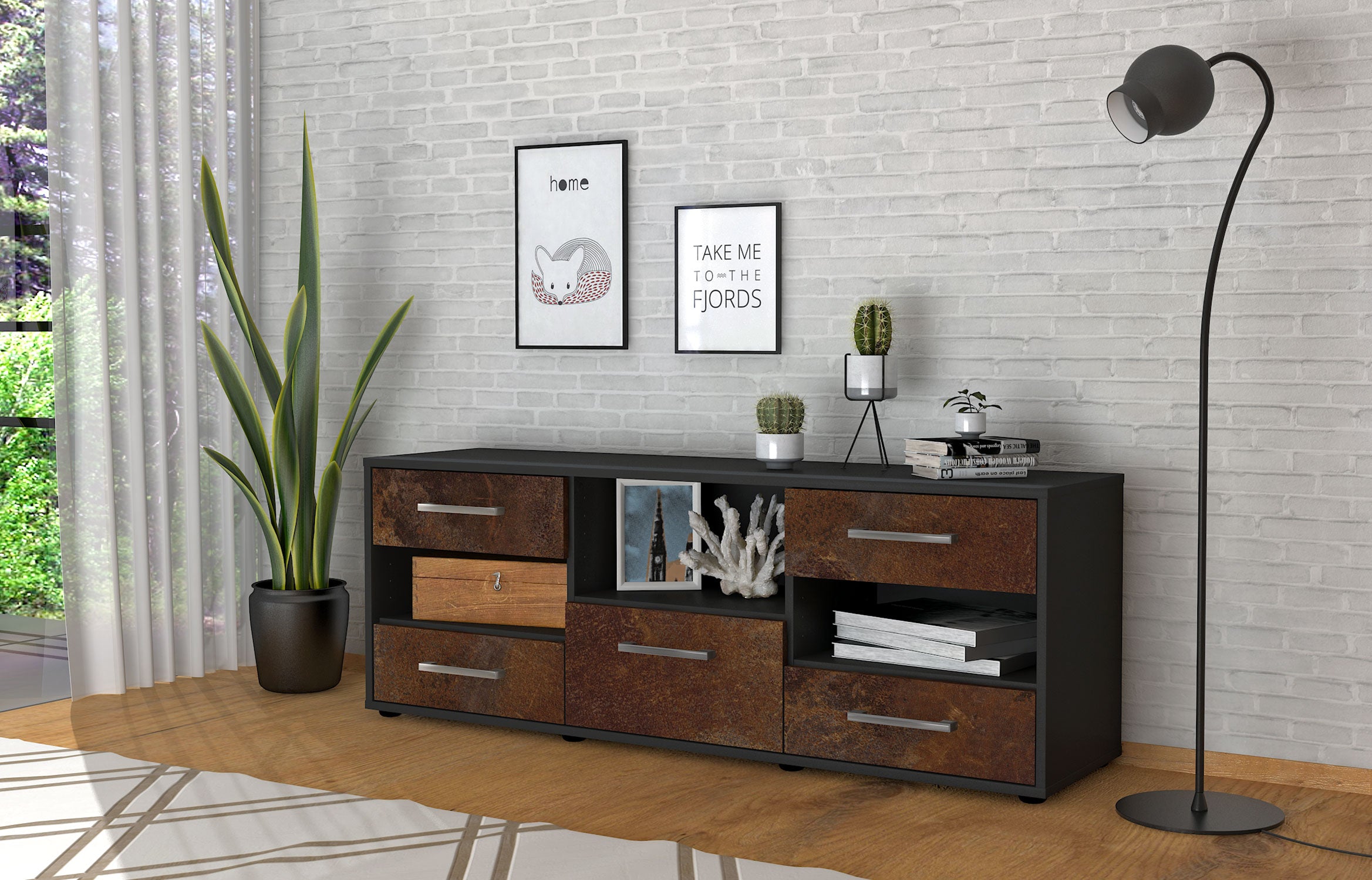 Lowboard - Annunziata - Design Industrie Stil - Freistehend mit Griffe 136 cm Anthrazit