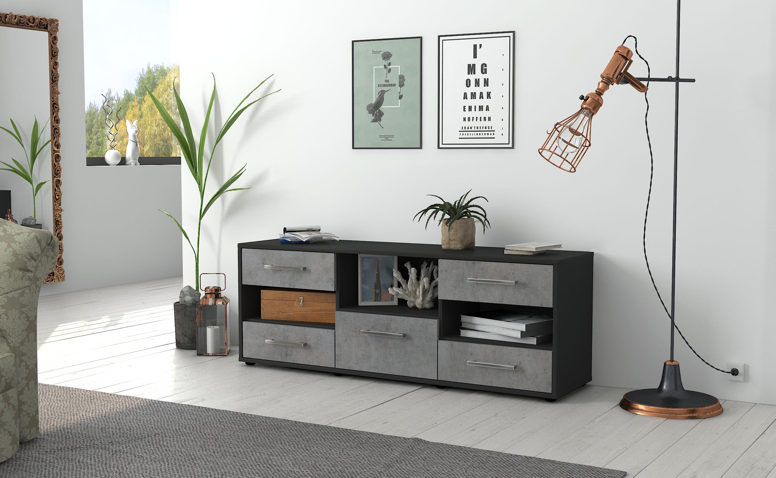 Lowboard - Annunziata - Design Industrie Stil - Freistehend mit Griffe 136 cm Anthrazit
