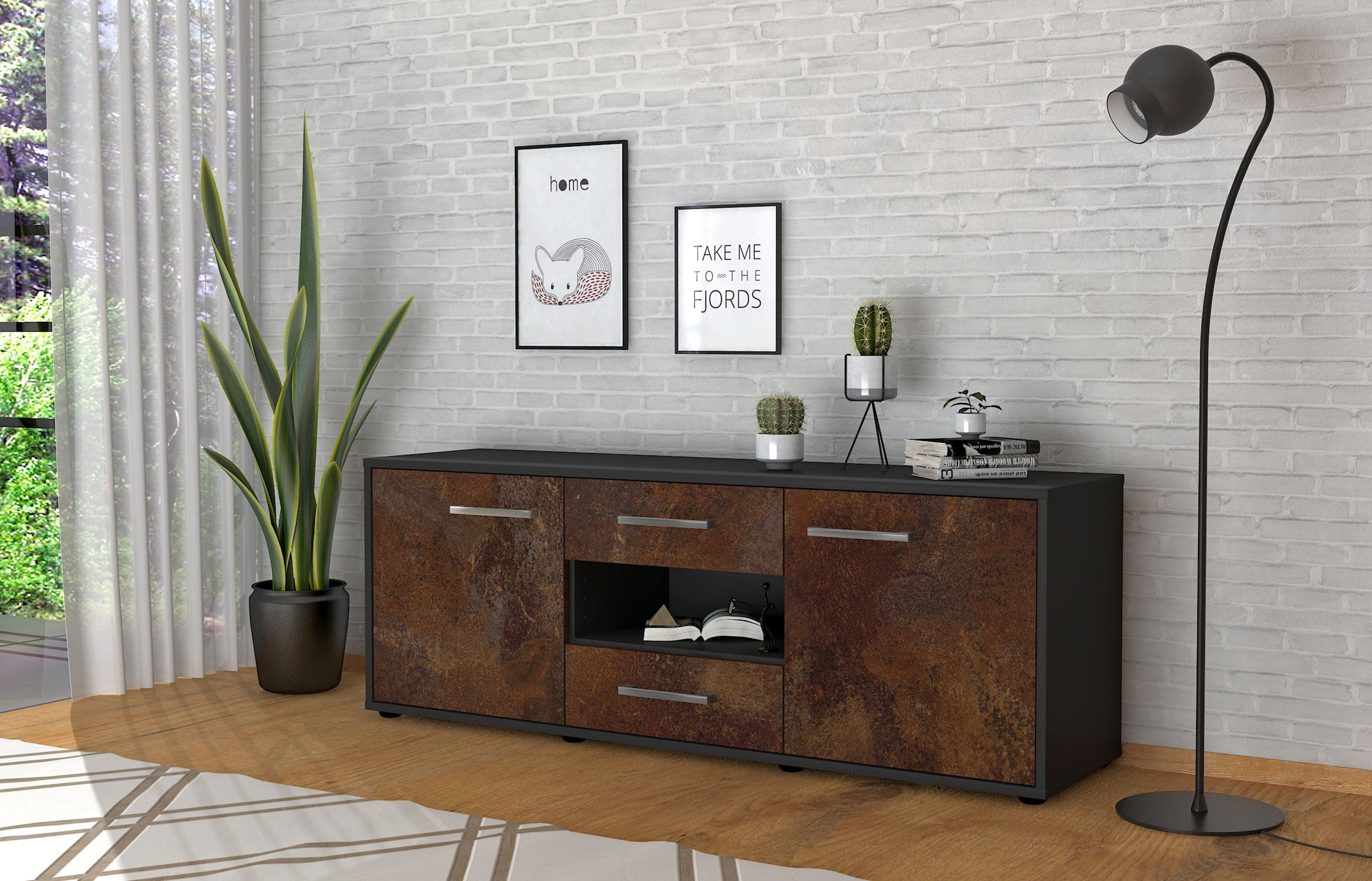Lowboard - Antonella - Design Industrie Stil - Freistehend mit Griffe 136 cm Anthrazit