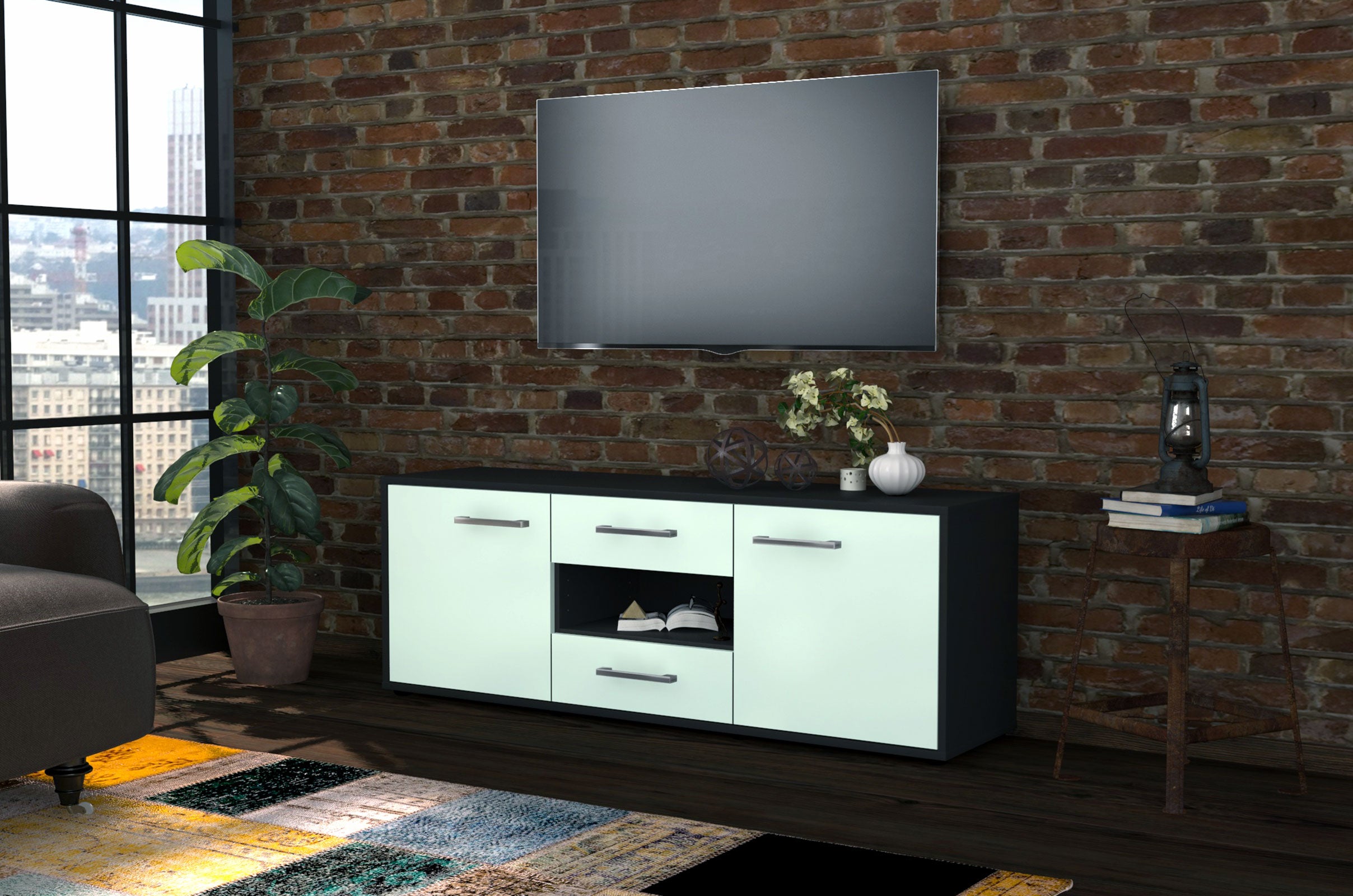 Lowboard - Antonella - Design Farbakzent - Freistehend mit Griffe 136 cm Anthrazit