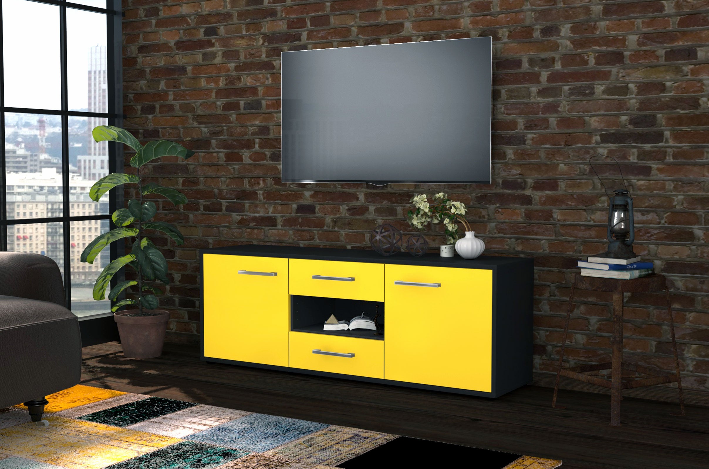 Lowboard - Antonella - Design Farbakzent - Freistehend mit Griffe 136 cm Anthrazit