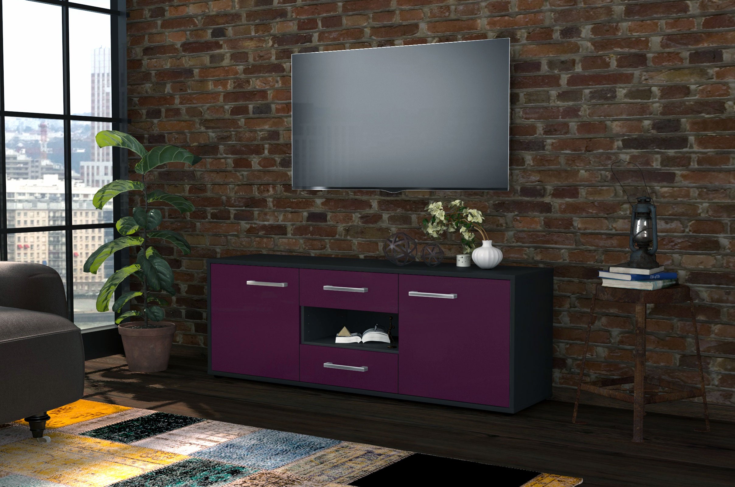 Lowboard - Antonella - Design Farbakzent - Freistehend mit Griffe 136 cm Anthrazit