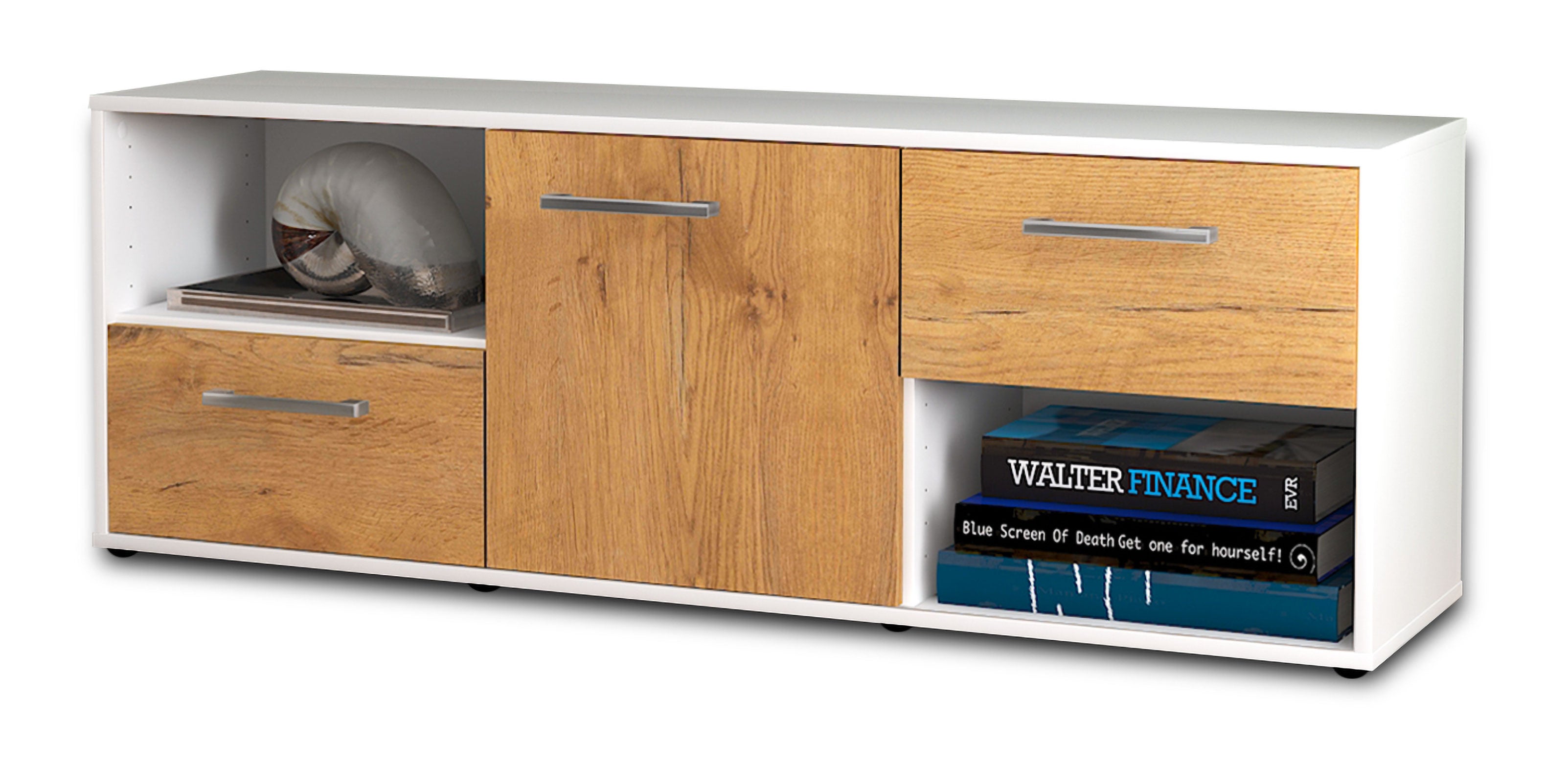 Lowboard - Ambra - Design Holzdekor - Freistehend mit Griffe 136 cm Weiss