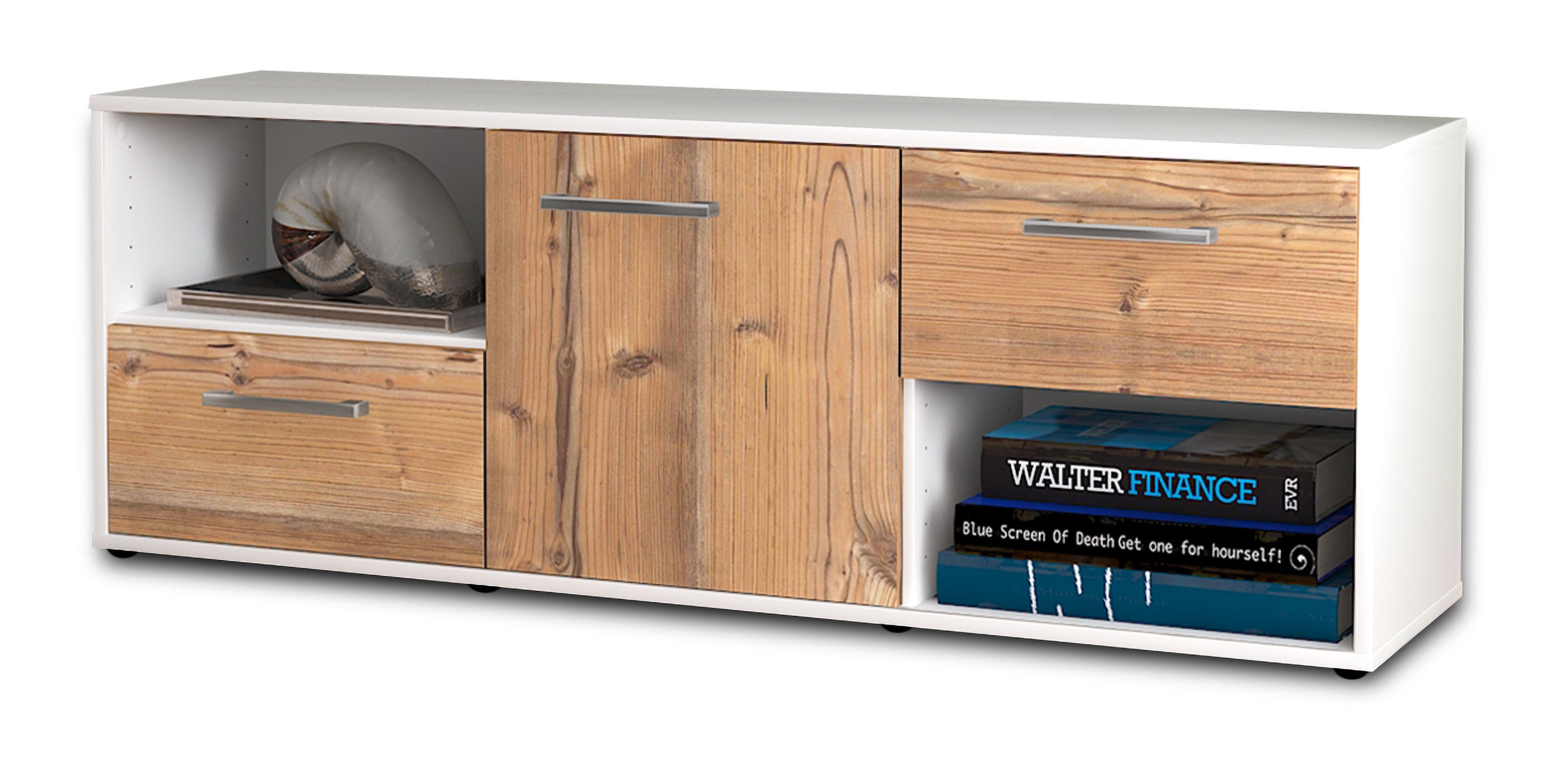 Lowboard - Ambra - Design Holzdekor - Freistehend mit Griffe 136 cm Weiss