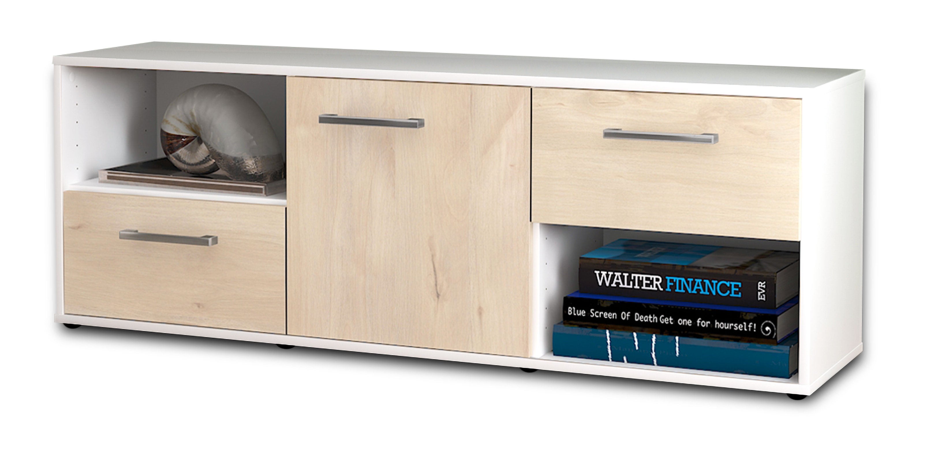 Lowboard - Ambra - Design Holzdekor - Freistehend mit Griffe 136 cm Weiss