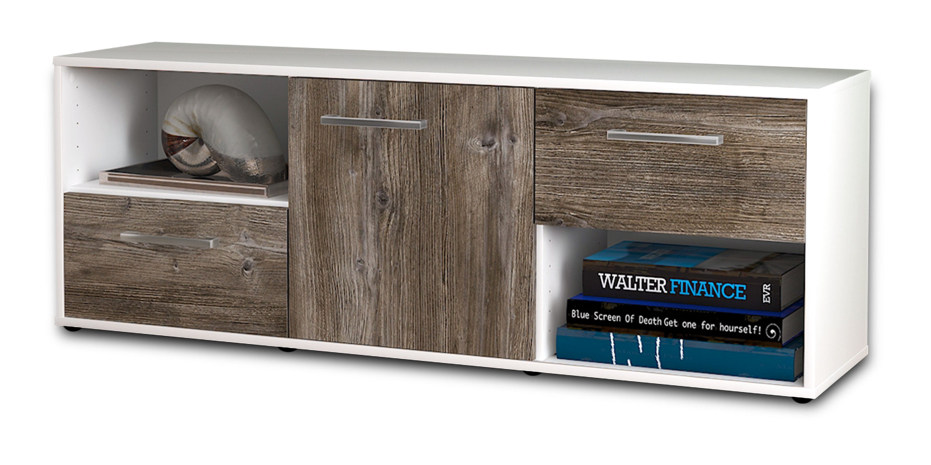 Lowboard - Ambra - Design Holzdekor - Freistehend mit Griffe 136 cm Weiss