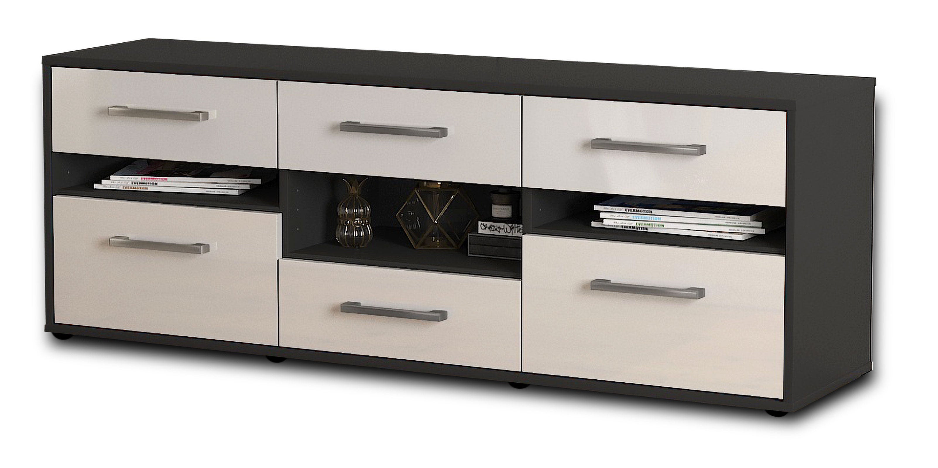 Lowboard - Annamaria - Design Hochglanz - Freistehend mit Griffe 136 cm Anthrazit